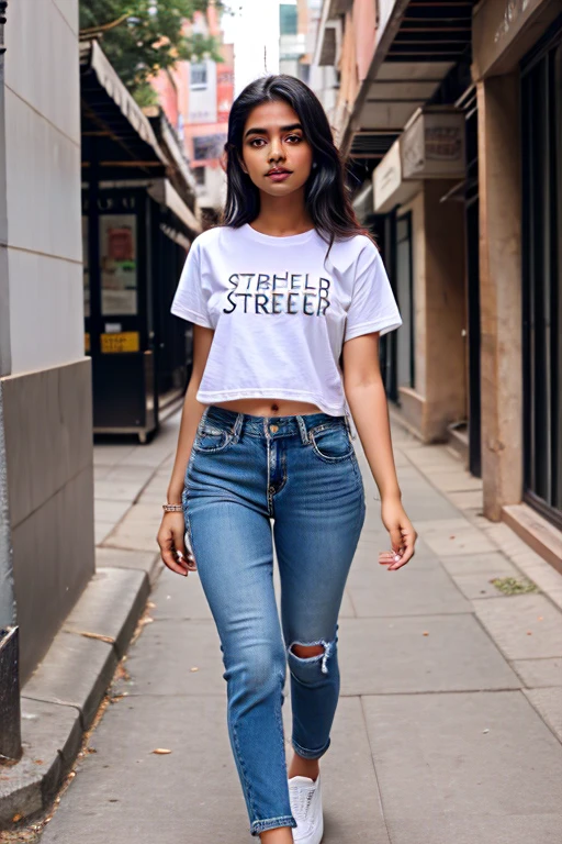 An indian girl wearing tshirt and jean and casual walk in streer