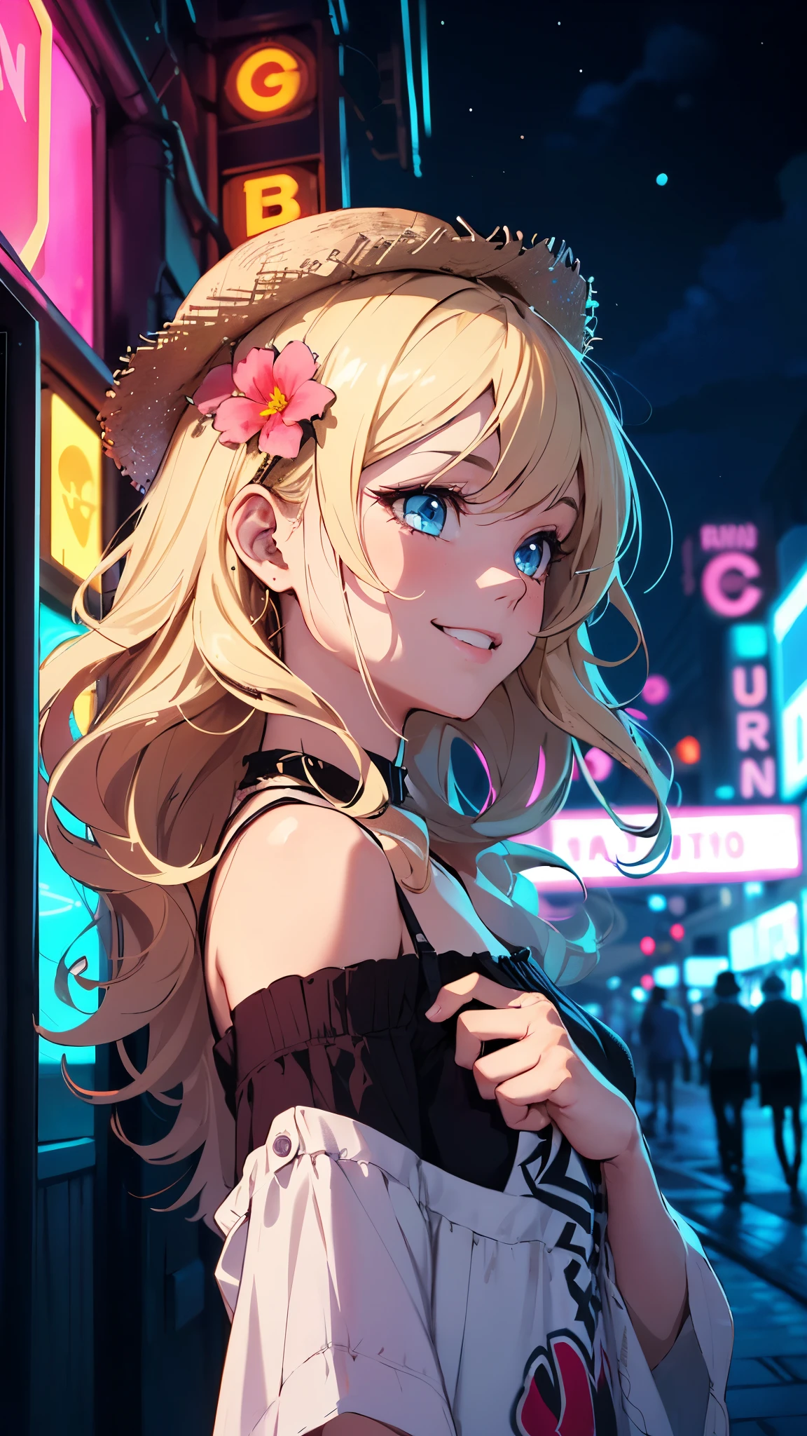 Cuber punk style,(movie poster:1.2), Soft lighting, (Dramatic angle:1.25), (One:1.4), (1 girl), ((blonde hair), Long Curly Hair), Blue eyes, (smile), street straw hat, (off shoulder shirt), hat flower, (Looking away:1.3), fantastically colorful, light, night sky with clouds, (neon street:1.3), (Masterpiece:1.2), ultra detailed, (Best quality), Illustration, (depth of field)