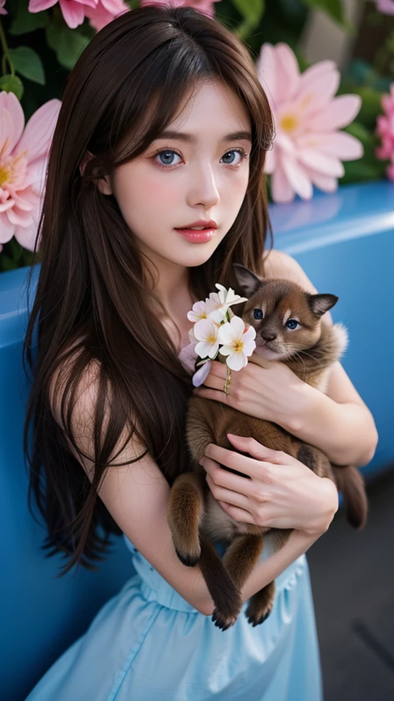He had brown hair and glowing blue eyes.、Making the image of a cute animal lover woman。Flowers in the background