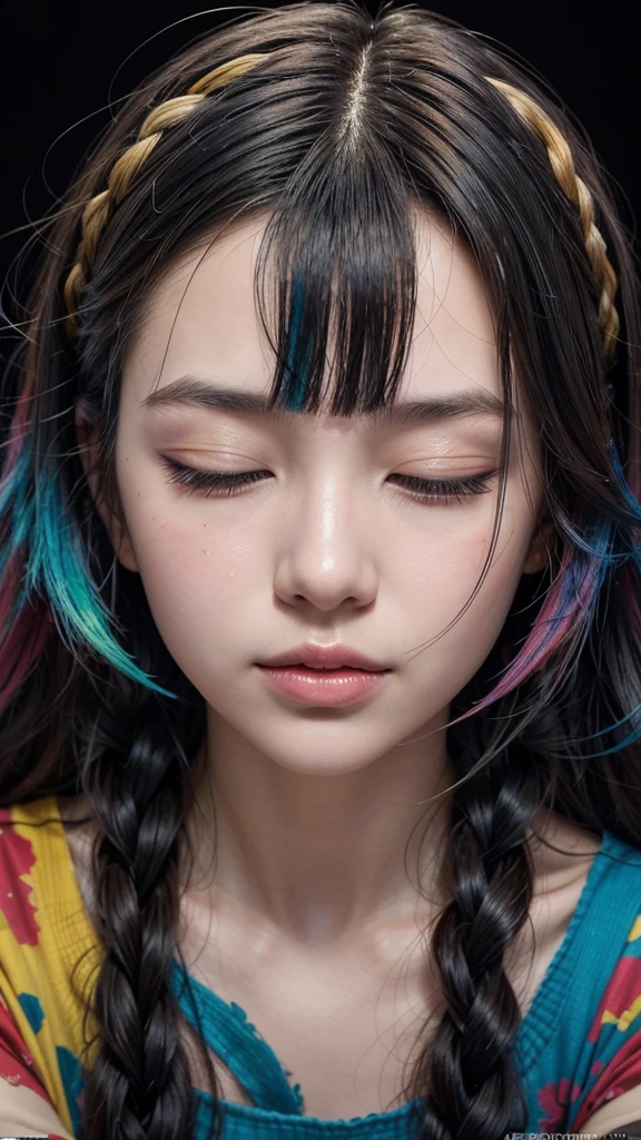 A striking, abstract painting of a corean female figure, with her eyes closed and a mesmerizing display of colors, shapes, and brush strokes on her face and upper body. Her vibrant, kaleidoscopic portrait contrasts with the dark background, creating a captivating visual experience. Her hair is braided and styled elegantly, and she wears a simple blue top. The artwork captures a harmonious blend of chaos and order, showcasing the artist's skill in creating depth and dimension through color and form.ᎩᗩᏆᔑ(◠‿◠), photo, painting, poster, illustration, vibrant
