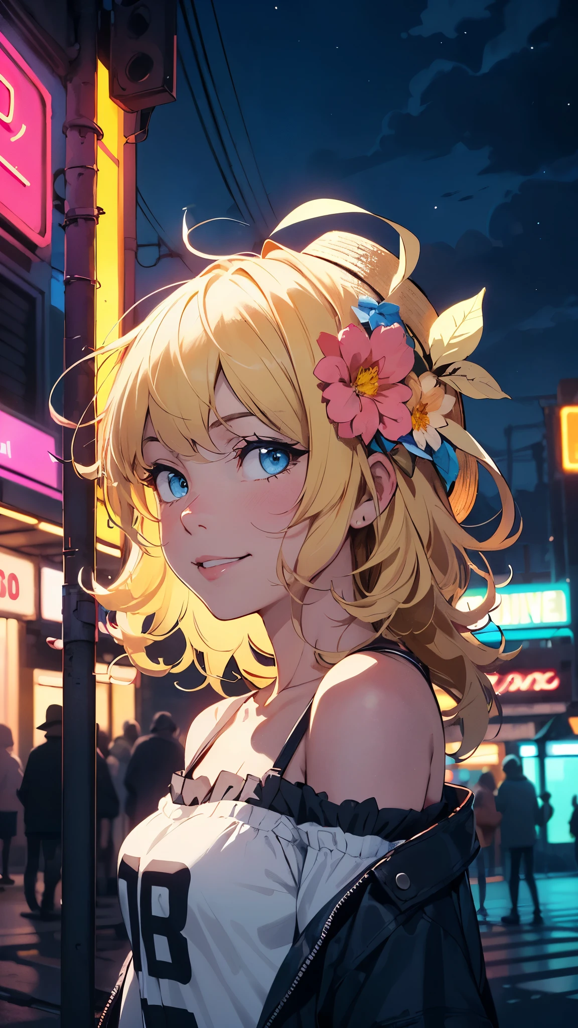 Cuber punk style,(movie poster:1.2), Soft lighting, (Dramatic angle:1.25), (One:1.4), (1 girl), ((blonde hair), Long Curly Hair), Blue eyes, (smile), street straw hat, (off shoulder shirt), hat flower, (Looking away:1.3), fantastically colorful, light, night sky with clouds, (neon street:1.3), (Masterpiece:1.2), ultra detailed, (Best quality), Illustration, (depth of field)