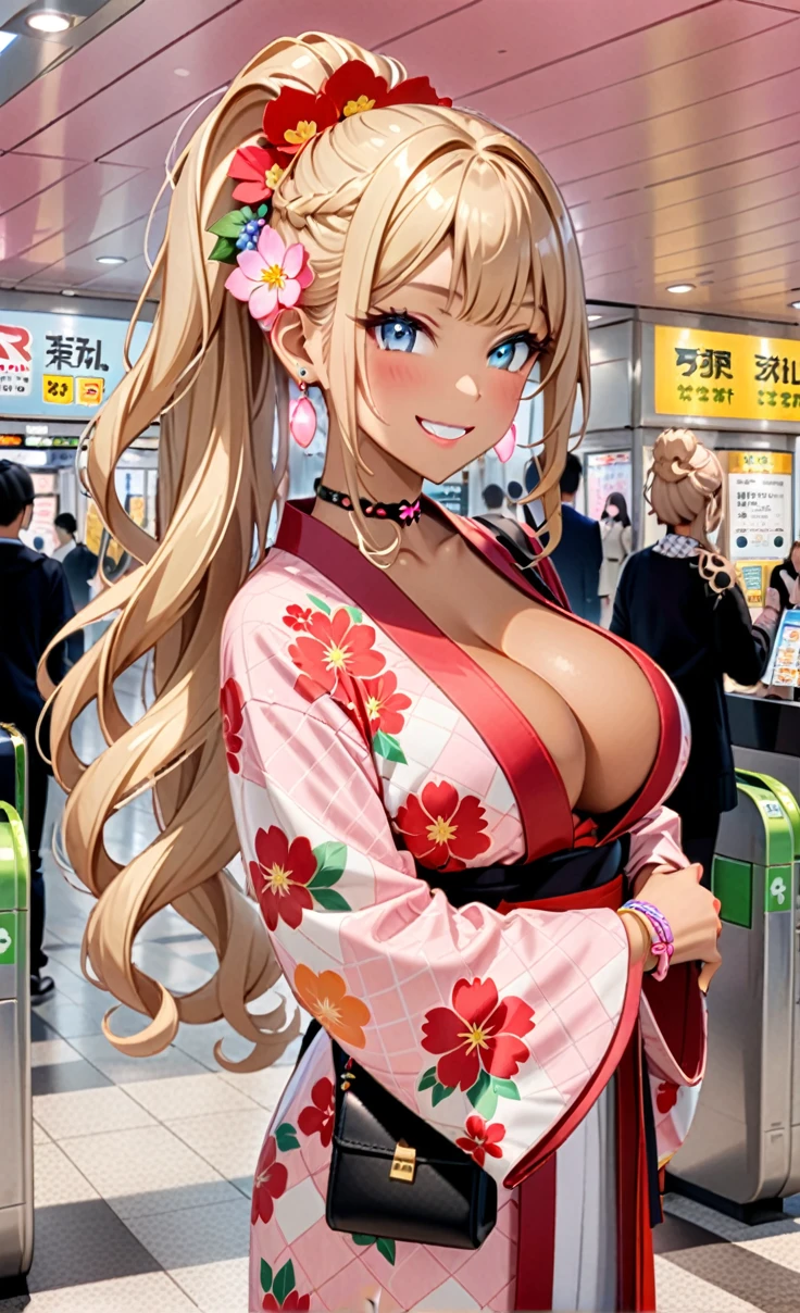ultra-detailed, ((one girl)), (tan skin:1.6), in pastel colors gyaru, (heavy makeup), (professional lighting) hyper detailed, absurdres, 8K, Beautiful Face, (Laugh shyly), ((teasing smile:1.8)), ((Wink:1.7)), (Laugh with your mouth wide open),((Tilt your face:1.6)), View your viewers, ((Bright red cheeks:1.6)),Glossy Red Lips, ((Big Breasts:1.5)), ((undressing:1.2)), noon, Station ticket gates , ((Anime style background)),masterpiece, Highest quality, so beautiful,Latest, Complex details, ((Neon pink long nails)), (nail art), (ring),(bracelet), (Floral Choker),AI-generated, Complex,High resolution, Highest quality, super high quality,3D Images、3D Images,One person,Blonde long hair,(High Ponytail), (wavy hair:1.3), Blonde anime woman posing for a photo, ((Fine grain、blue eyes、glowing eyes:1.4)), (Squint your eyes:1.1),a hyperRealistic , hyperRealistic , Realistic,Anime woman with long pastel yellow hair, Smooth anime CG art, A girl in a gorgeous pastel-colored kimono, ((Pastel-colored furisode)),(Pink large floral pattern), Long flower hair ornament,Floral Earrings, ,Holding a drawstring bag, Mature Body, tall,Narrow waist, ((from side))