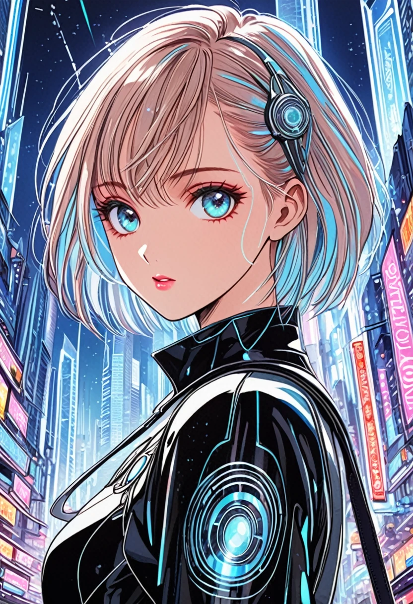 ""Create a detailed fantasy close-up artwork of a girl in a bustling, futuristic city. She should have sleek, stylish hair and wear a fashionable, high-tech outfit with intricate patterns. Her eyes should be large and expressive, reflecting the city's neon lights. In the background, hints of towering skyscrapers, holographic advertisements, and busy streets should be visible. The overall atmosphere should be dynamic and vibrant, with a blend of modern and fantastical elements, capturing the essence of a futuristic urban fantasy."