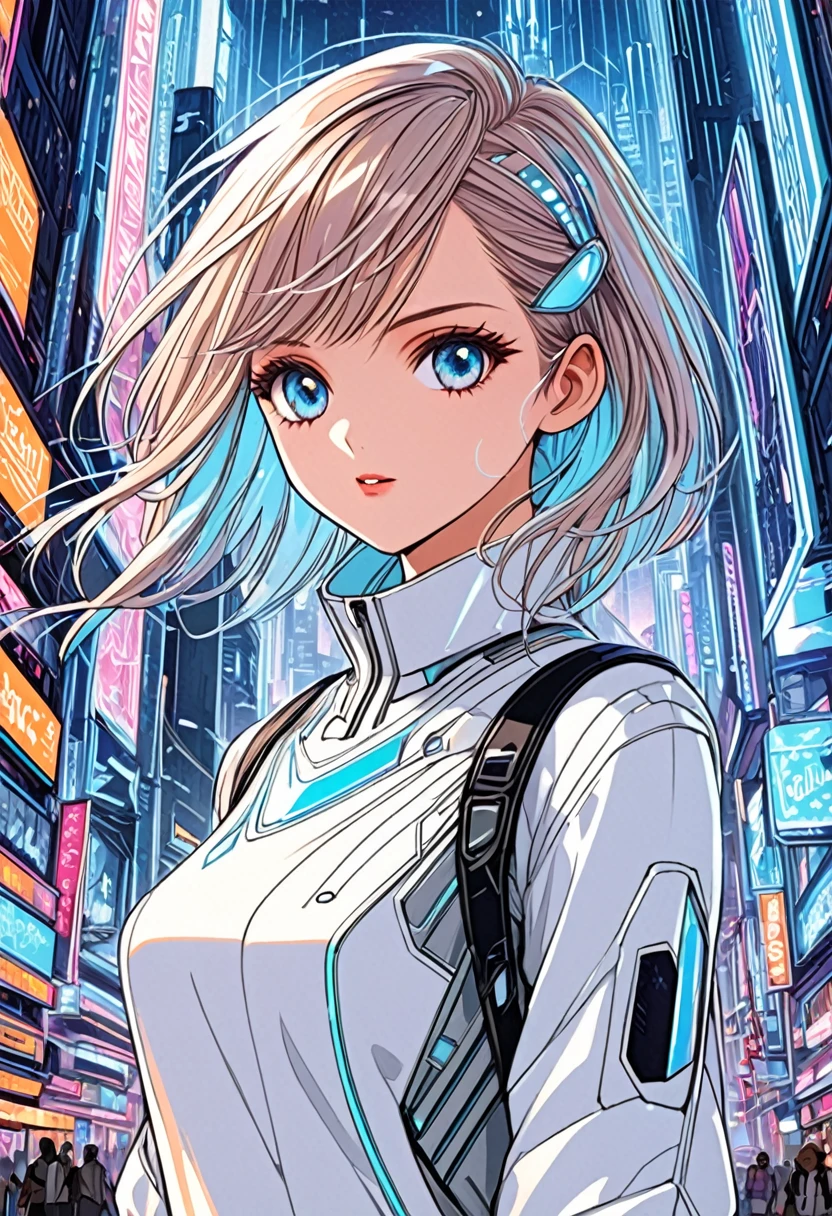 ""Create a detailed fantasy close-up artwork of a girl in a bustling, futuristic city. She should have sleek, stylish hair and wear a fashionable, high-tech outfit with intricate patterns. Her eyes should be large and expressive, reflecting the city's neon lights. In the background, hints of towering skyscrapers, holographic advertisements, and busy streets should be visible. The overall atmosphere should be dynamic and vibrant, with a blend of modern and fantastical elements, capturing the essence of a futuristic urban fantasy."