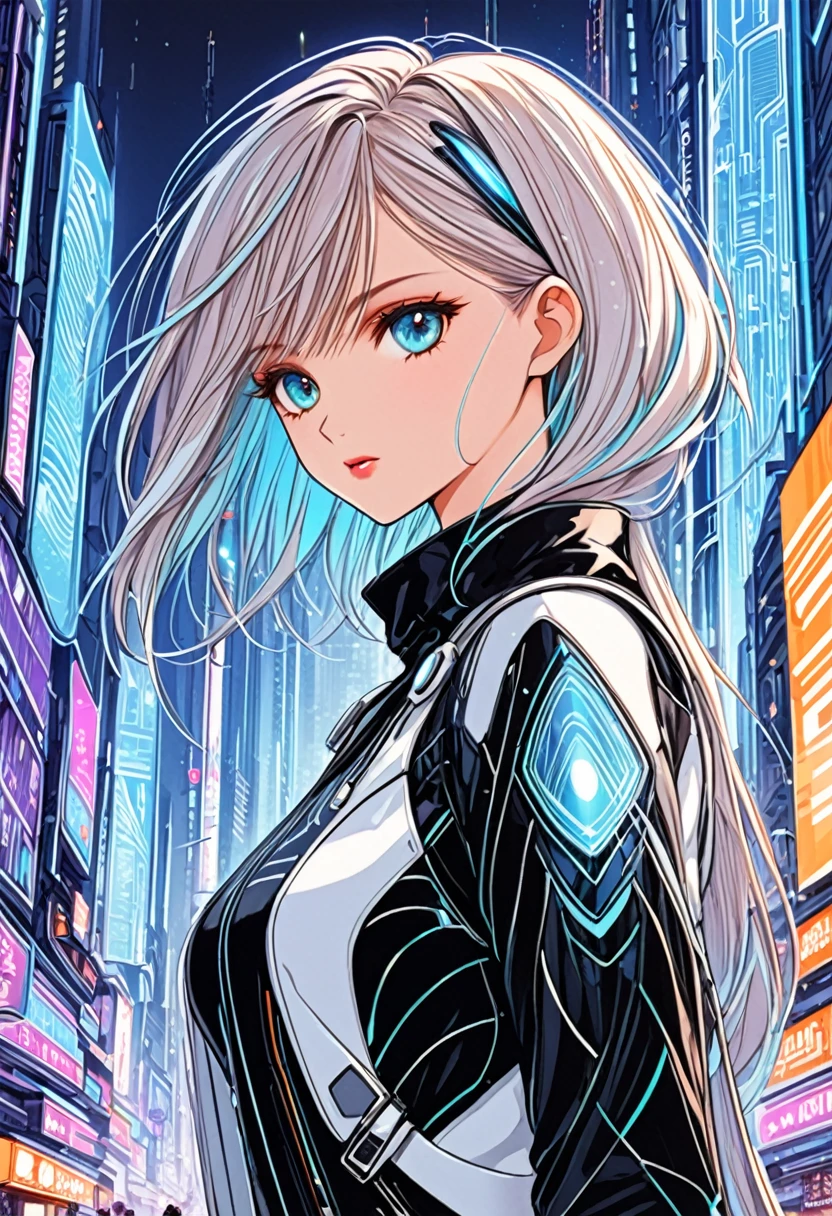 ""Create a detailed fantasy close-up artwork of a girl in a bustling, futuristic city. She should have sleek, stylish hair and wear a fashionable, high-tech outfit with intricate patterns. Her eyes should be large and expressive, reflecting the city's neon lights. In the background, hints of towering skyscrapers, holographic advertisements, and busy streets should be visible. The overall atmosphere should be dynamic and vibrant, with a blend of modern and fantastical elements, capturing the essence of a futuristic urban fantasy."