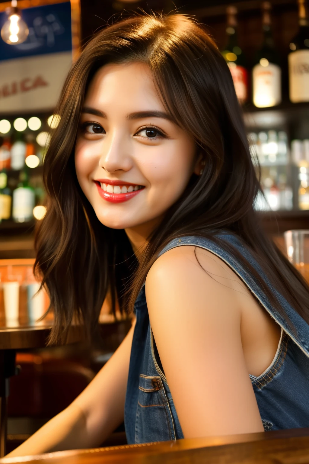 woman, long black hair, straight hair, young adult, 20-25 years old, cute face, slightly chubby cheeks, detailed eyes, brown eyes, thin eyebrows, medium breasts, c cup breasts, jeans, red vest top, red lipstick, big smile, bar, cosy bar, wooden table, leather seat