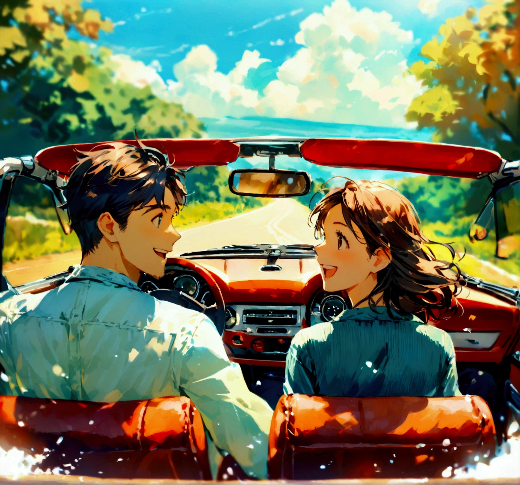 Create an image of a happy couple in a convertible car. The man is driving, with a joyful expression on his face, while the woman is sitting beside him, smiling brightly. The scene is set on a sunny day with clear skies. The couple is dressed in casual, stylish clothing, enjoying the open road. The background includes a scenic view with trees, a winding road, and a beautiful landscape. The overall atmosphere is cheerful and carefree, capturing a moment of pure happiness and freedom.