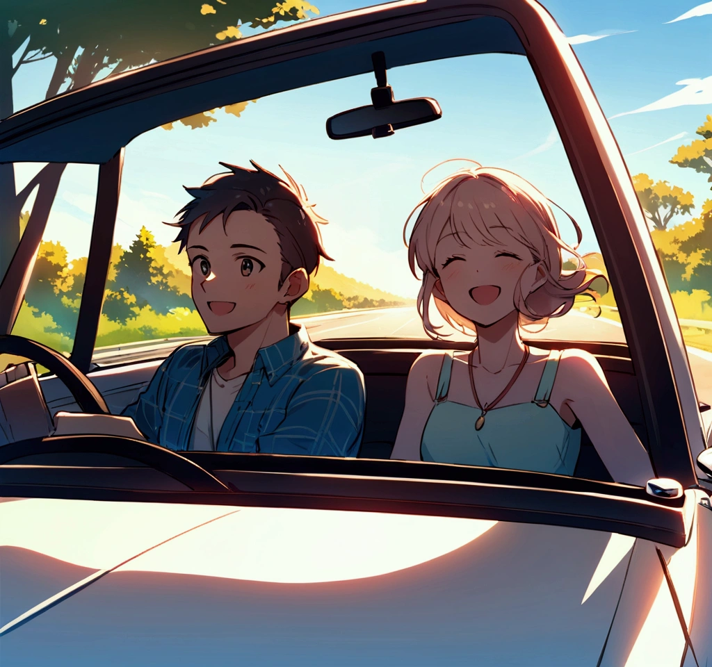 Create an image of a happy couple in a convertible car. The man is driving, with a joyful expression on his face, while the woman is sitting beside him, smiling brightly. The scene is set on a sunny day with clear skies. The couple is dressed in casual, stylish clothing, enjoying the open road. The background includes a scenic view with trees, a winding road, and a beautiful landscape. The overall atmosphere is cheerful and carefree, capturing a moment of pure happiness and freedom.
