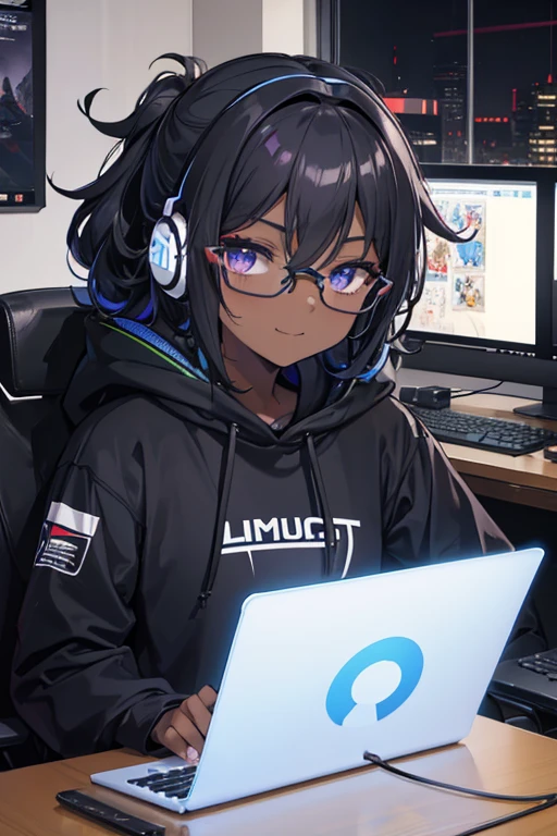 Play a game,electronic sports,black curly hair tied up,darkskin,アニメ,gamer,pc gamer rgb roxo,black sweatshirt,round glasses,headset,streamer, 2d,アニメ,Sympathy,ssmile,face neutral