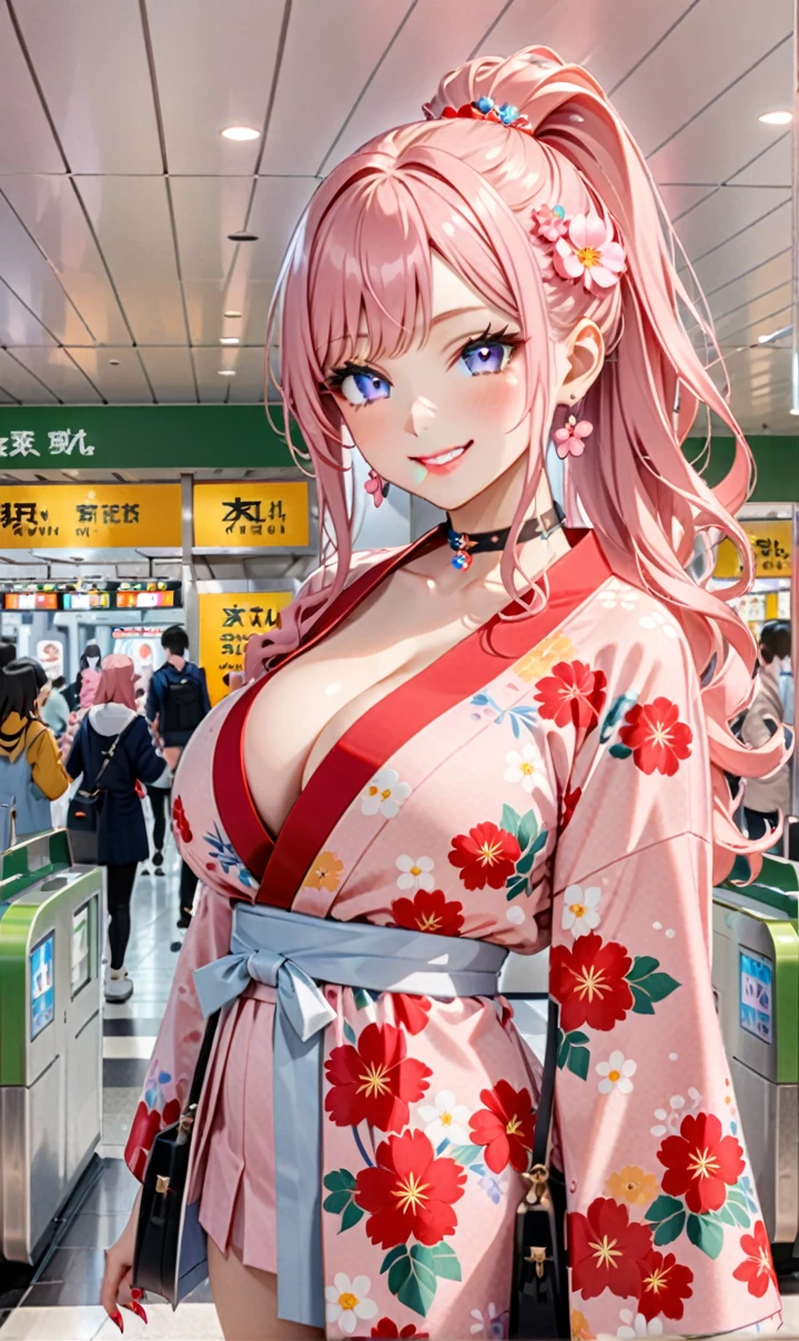 ultra-detailed, ((one girl)), (pale skin:1.4), in pastel colors gyaru, (heavy makeup), (professional lighting) hyper detailed, absurdres, 8K, Beautiful Face, (Laugh shyly), ((teasing smile:1.8)), ((Wink:1.7)), (Laugh with your mouth wide open),((Tilt your face:1.6)), View your viewers, ((Bright red cheeks:1.6)),Glossy Red Lips, ((Big Breasts:1.5)), ((undressing:1.2)), noon, Station ticket gates , ((Anime style background)),masterpiece, Highest quality, so beautiful,Latest, Complex details, (Pink long nails), (nail art), (ring),(bracelet), (Floral Choker),AI-generated, Complex,High resolution, Highest quality, super high quality,3D Images、3D Images,One person,Pastel pink long hair,(High Ponytail), (wavy hair:1.3), Pastel anime woman posing for a photo, ((Fine grain、blue eyes、glowing eyes:1.4)), (Squint your eyes:1.1),a hyperRealistic , hyperRealistic , Realistic,Anime woman with long pastel pink hair, Smooth anime CG art, A girl in a gorgeous pastel-colored kimono, ((Pastel-colored furisode)),(Pink large floral pattern), Long flower hair ornament,Floral Earrings, ,Holding a drawstring bag, Mature Body, tall,Narrow waist,((from side)),