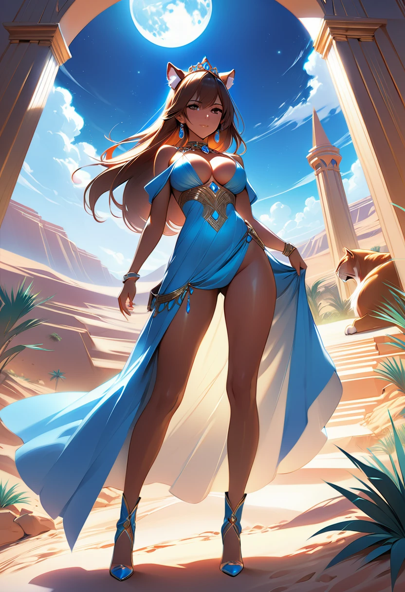 Arafed digital painting of a desert princess BREAK and her pet cougar in her palace high details, best quality, 16k, f a female human princess and her pet cougar, princess of the desert, full body, ((anatomically correct: 1.5)) ((standing: 1.5)) proudly royalty demeanor, a woman, (best detailed face: 1.5), Ultra Detailed face, ((human ears: 1.3)), wearing royal desert dress, decorated with gems, wearing princess tiara, small cleavage, thigh high intricate leather high heeled boot, thick hair, long hair, brown hair, tan skin intense brown eyes, her epic desert (cougar : 1.3) lying at her feet, guarding her, an epic fantasy desert palace in an oasis in the background (intricate details, Masterpiece, best quality: 1.5) night, moon light, stars ,Wide-Angle, award winning, best quality, high quality, high details, highres, vibrant, Ultra-high resolution, High Contrast, (masterpiece:1.5), highest quality, Best aesthetics, best details, best quality, highres, ultra wide angle, 16k, [ultra detailed], masterpiece, best quality, chumbasket art style, Cinematic Hollywood Film, 