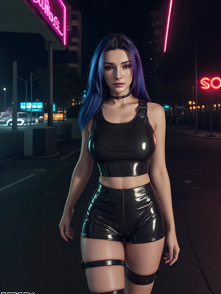  cyberpunk landscape, sexy latex shorts One milf, a beautiful portrait of a cute women, Neon lights. Cold colors. highres, masterpiece. 