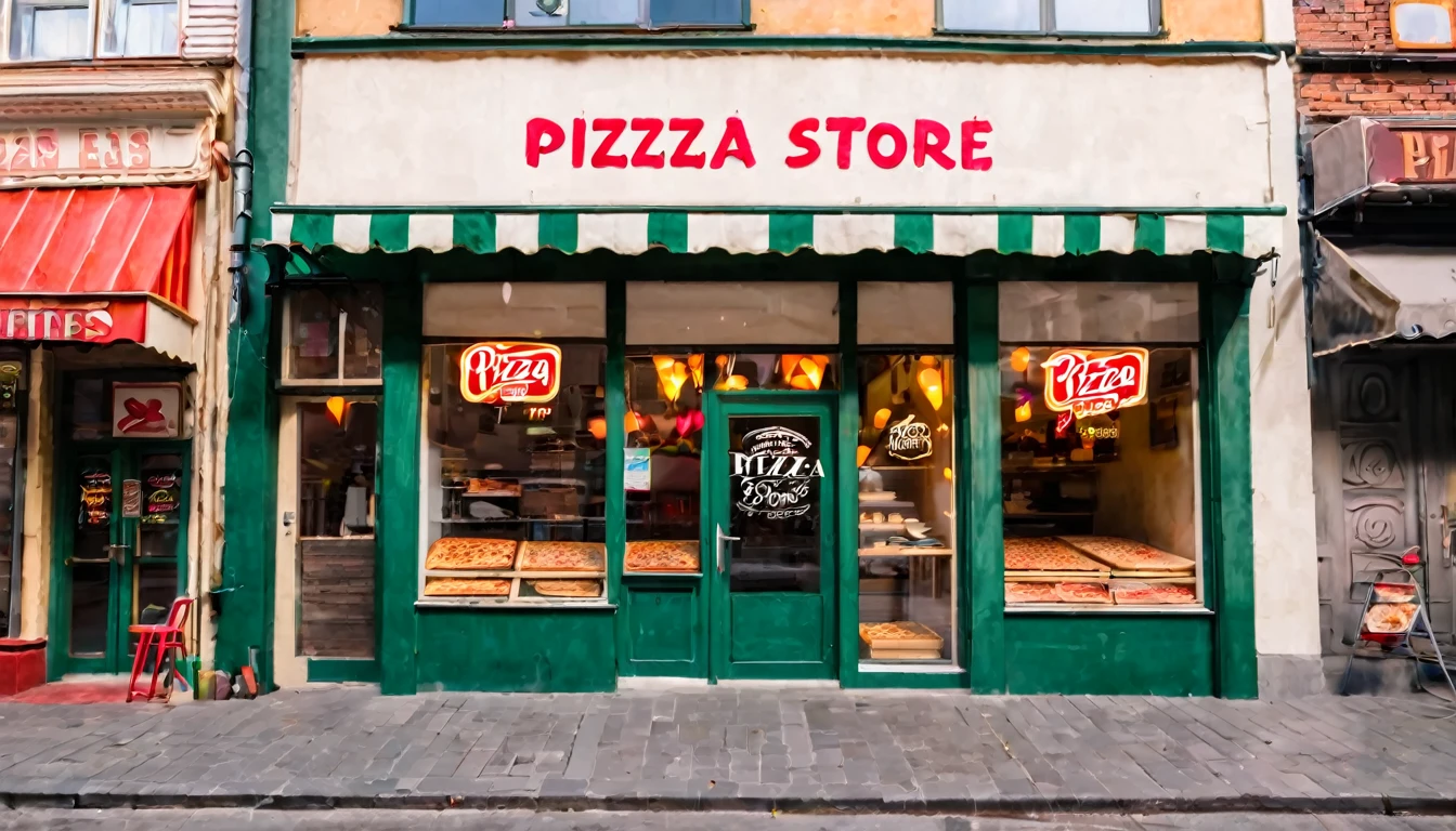first person view, pizza store facade, daytime, no people in the place