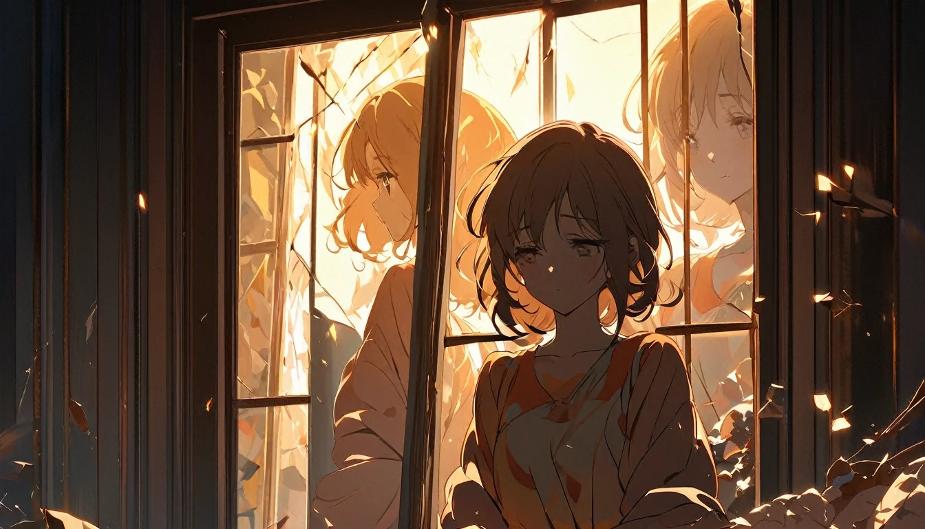 A melancholic anime girl standing in a softly lit room, facing a tall mirror that reflects a shattered image, symbolizing broken dreams and unfulfilled expectations. The room is cozy with personal items scattered around, indicating a once cherished relationship. A window lets in the soft light of a setting sun, casting long shadows and a warm glow, symbolizing the passage of time and fading hopes. The girl's posture is slightly slumped, conveying her emotional struggle. She holds a photo of someone she once admired, realizing the truth about them. The atmosphere is filled with sadness and realization, but also a hint of strength as she begins to accept reality and move on. The lighting enhances her reflective mood, with shadows accentuating the depth of her emotions. Use soft, warm colors for the lighting and a detailed anime art style