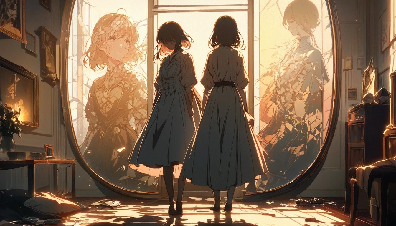A melancholic anime girl standing in a softly lit room, facing a tall mirror that reflects a shattered image, symbolizing broken dreams and unfulfilled expectations. The room is cozy with personal items scattered around, indicating a once cherished relationship. A window lets in the soft light of a setting sun, casting long shadows and a warm glow, symbolizing the passage of time and fading hopes. The girl's posture is slightly slumped, conveying her emotional struggle. She holds a photo of someone she once admired, realizing the truth about them. The atmosphere is filled with sadness and realization, but also a hint of strength as she begins to accept reality and move on. The lighting enhances her reflective mood, with shadows accentuating the depth of her emotions. Use soft, warm colors for the lighting and a detailed anime art style