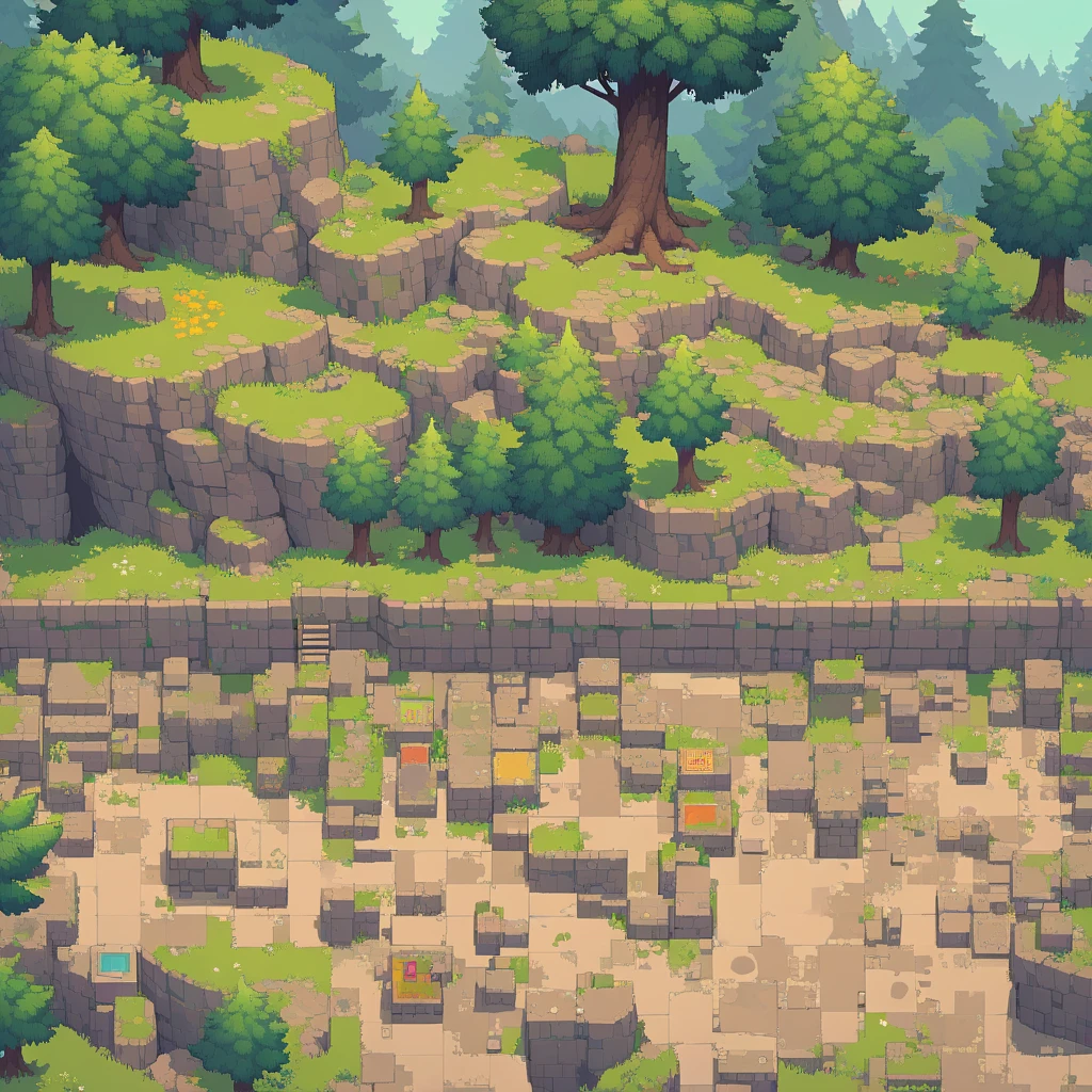 retro video game style,pixelated, vibrant pastel colors,8-bit characters,blocky shapes,sharp lines,detailed shading,classic gaming vibe,nostalgic atmosphere,classic arcade games,masterpiece:1.2,ultra-detailed,illustration style, 2d texture, stone texture, 4 k seamless mud texture, video game texture, dirt texture, tileset, game tiles, grass, 3/4th perspective trees, 3/4th perspective tileable rock texture, 3/4th perspective tileable cliff formations, tileable trees, topdown view, game texture, game art, tileable texture, very detailed cliff texture, intricate stones, top down view, 3/4th perspective