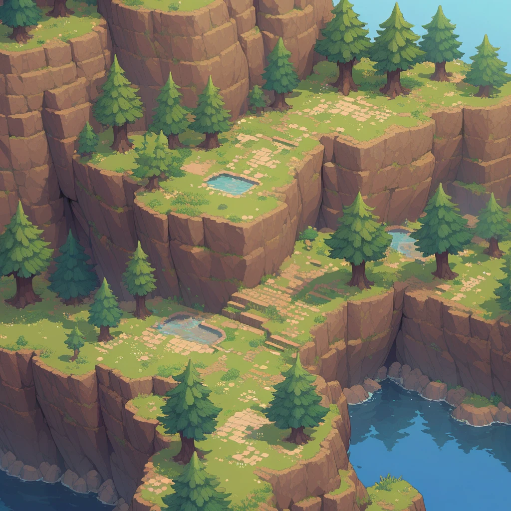 retro video game style,pixelated, vibrant pastel colors,8-bit characters,blocky shapes,sharp lines,detailed shading,classic gaming vibe,nostalgic atmosphere,classic arcade games,masterpiece:1.2,ultra-detailed,illustration style, 2d texture, stone texture, 4 k seamless mud texture, video game texture, dirt texture, tileset, game tiles, grass, 3/4th perspective trees, 3/4th perspective tileable rock texture, 3/4th perspective tileable cliff formations, tileable trees, topdown view, game texture, game art, tileable texture, very detailed cliff texture, intricate stones, top down view, 3/4th perspective