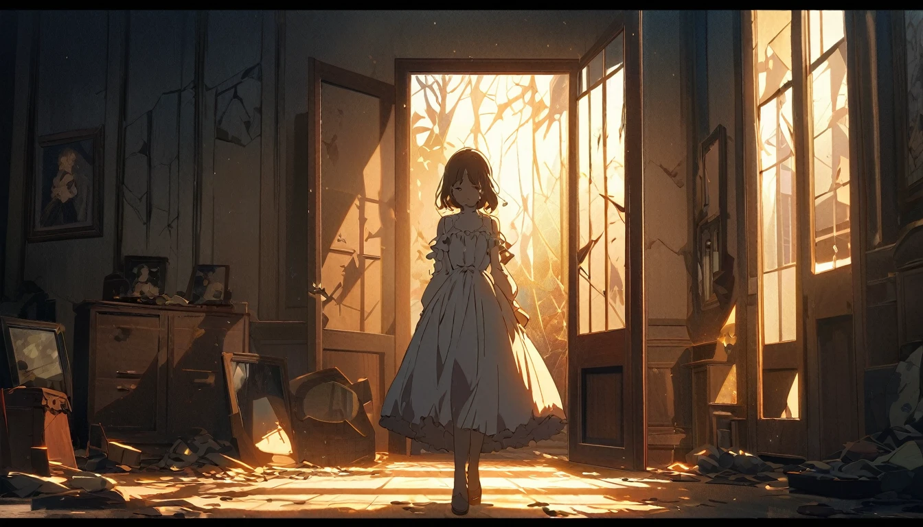 A melancholic anime girl standing in a softly lit room, facing a tall mirror that reflects a shattered image, symbolizing broken dreams and unfulfilled expectations. The room is cozy with personal items scattered around, indicating a once cherished relationship. A window lets in the soft light of a setting sun, casting long shadows and a warm glow, symbolizing the passage of time and fading hopes. The girl's posture is slightly slumped, conveying her emotional struggle. She holds a photo of someone she once admired, realizing the truth about them. The atmosphere is filled with sadness and realization, but also a hint of strength as she begins to accept reality and move on. The lighting enhances her reflective mood, with shadows accentuating the depth of her emotions. Use soft, warm colors for the lighting and a detailed anime art style