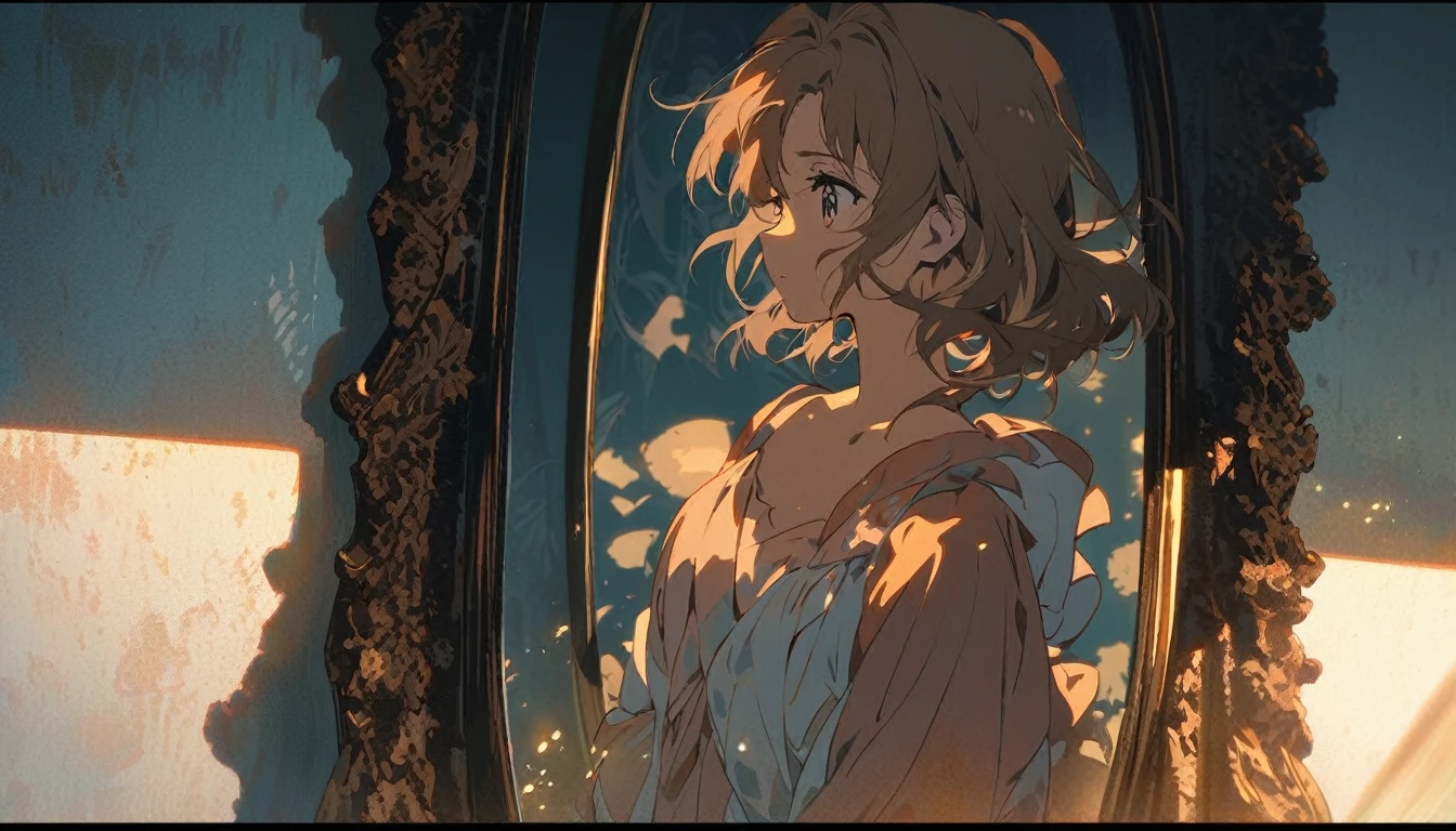 A melancholic anime girl standing in a softly lit room, facing a tall mirror that reflects a shattered image, symbolizing broken dreams and unfulfilled expectations. The room is cozy with personal items scattered around, indicating a once cherished relationship. A window lets in the soft light of a setting sun, casting long shadows and a warm glow, symbolizing the passage of time and fading hopes. The girl's posture is slightly slumped, conveying her emotional struggle. She holds a photo of someone she once admired, realizing the truth about them. The atmosphere is filled with sadness and realization, but also a hint of strength as she begins to accept reality and move on. The lighting enhances her reflective mood, with shadows accentuating the depth of her emotions. Use soft, warm colors for the lighting and a detailed anime art style