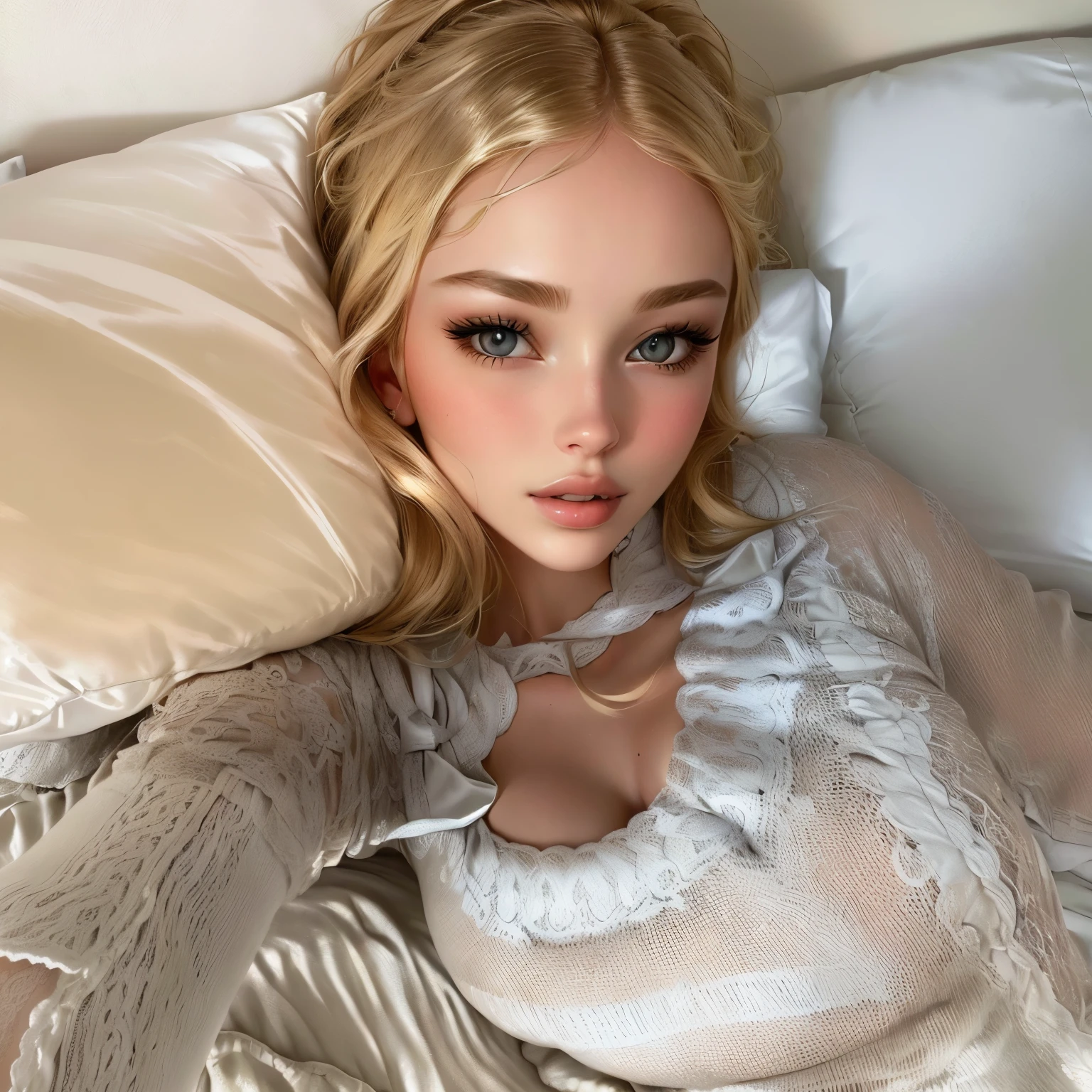 Blonde woman lying on a bed with a pillow and a pillow., Sidney Sweeney, face like being exposed, Portrait Sophie Mudd, beautiful young model, leaked image, Instagram Template, in my bed, posando in bed, in bed, beautiful lady, very pretty model, Style of Julia Razumova, Stunning model