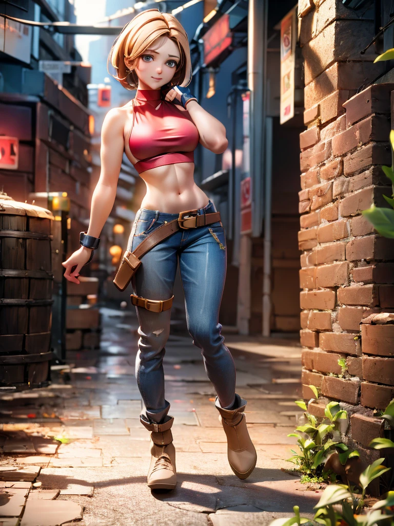 30 year old woman, alone, athletic, by the semi-cut ruby, she is wearing a tight red crop top, he wears blue jogger pants, has two belts, one small and the other a large belt hanging from his brown waist., wears blue fingerless gloves , he wears brown boots, smile at the viewer, points at the viewer, There is a little brown dog with white spots with her, high resolution, absurd, intricate, sharp focus, a New York alley in the background, Best Quality, Masterpiece, high resolution, Perfect picture, Very detailed, High contrast, Digital colors, simple, medium shot, cinematographic, ultra sharp focus, award-winning photography, perFect contrast, high sharpness, depth of field, ultra detailed photography, global illumination, fluid, ultra high definition, 8k, unreal engine 5, ultra-sharp focus, award-winning photography, Art Season Trends,