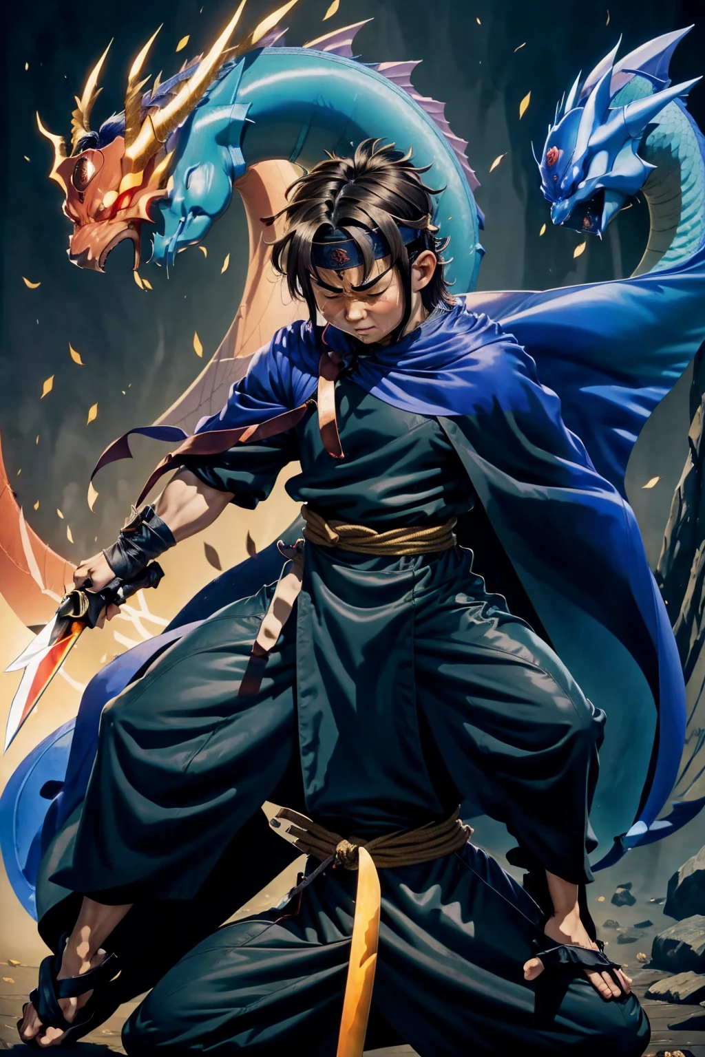 Male swordsman,cape, black robe, headband, 2 dragons,Huge erect penis､Well-trained muscles,Young boy,Face in pain,Crying face,Drooling,Protruding veins in the body,