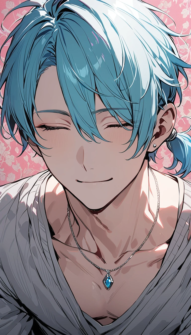 ((((best masterpiece, best quality, wallpaper,)))) solo, guy, male body, small muscles, flat chest, 1male, 30 years old, handsome man, upper body, looking at viewers, beautiful detailed, seductive smile, mediumturquoise hair, ((((Lower short ponytail)))), asymmetrical bangs, ((short hair,)) (((light smile, closed eyes, tareme, droopy eyes,))) (((perfect face,))) perfect hands, sharp nose, clear face, black turtleneck, grey cardigan, ((silver piercing, pendant,)) leggings, pink background color ultrasharp, 8K, masterpiece,