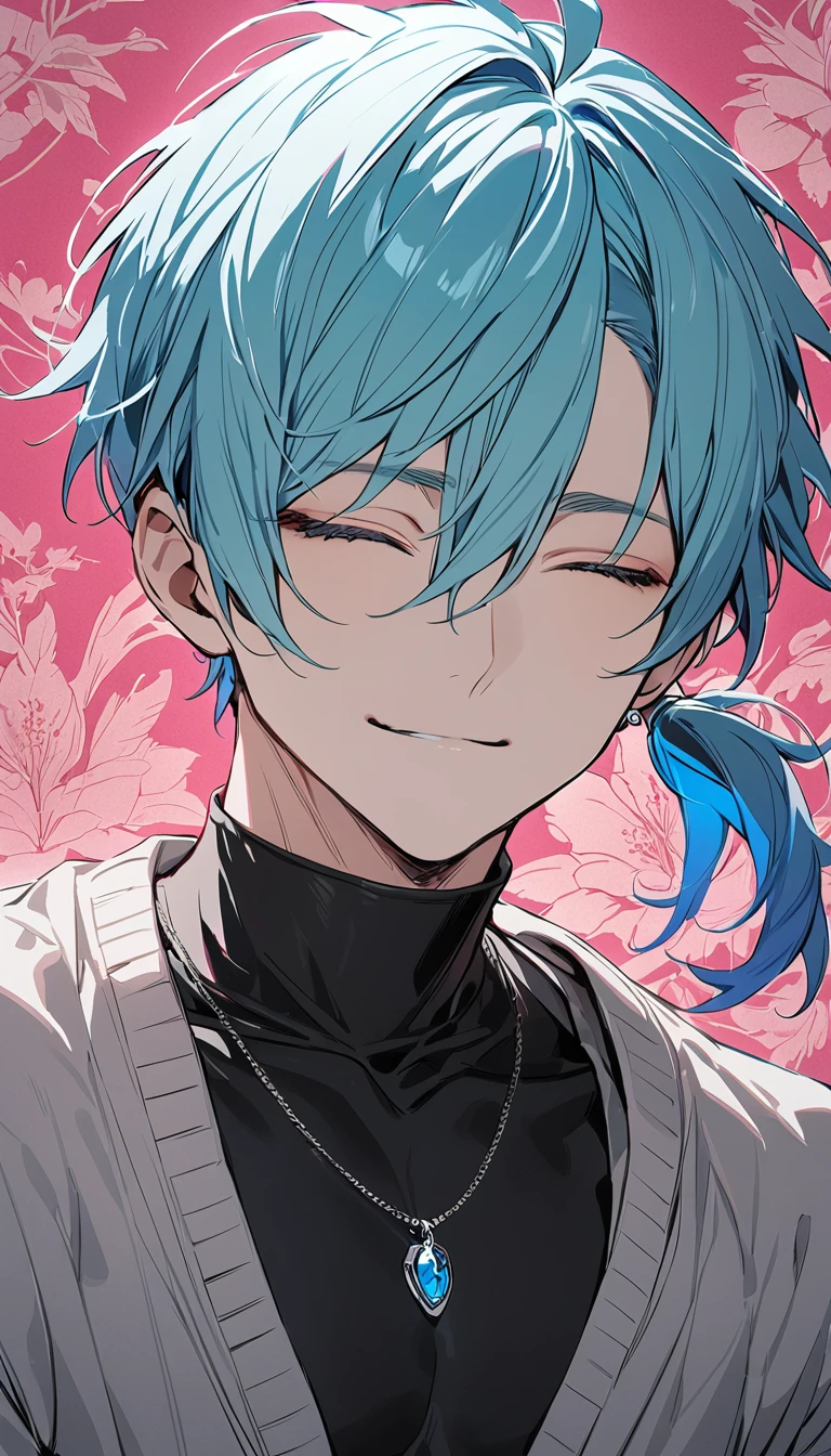 ((((best masterpiece, best quality, wallpaper,)))) solo, guy, male body, small muscles, flat chest, 1male, 30 years old, handsome man, upper body, looking at viewers, beautiful detailed, seductive smile, mediumturquoise hair, ((((Lower short ponytail)))), asymmetrical bangs, ((short hair,)) (((light smile, closed eyes, tareme, droopy eyes,))) (((perfect face,))) perfect hands, sharp nose, clear face, black turtleneck, grey cardigan, ((silver piercing, pendant,)) leggings, pink background color ultrasharp, 8K, masterpiece,