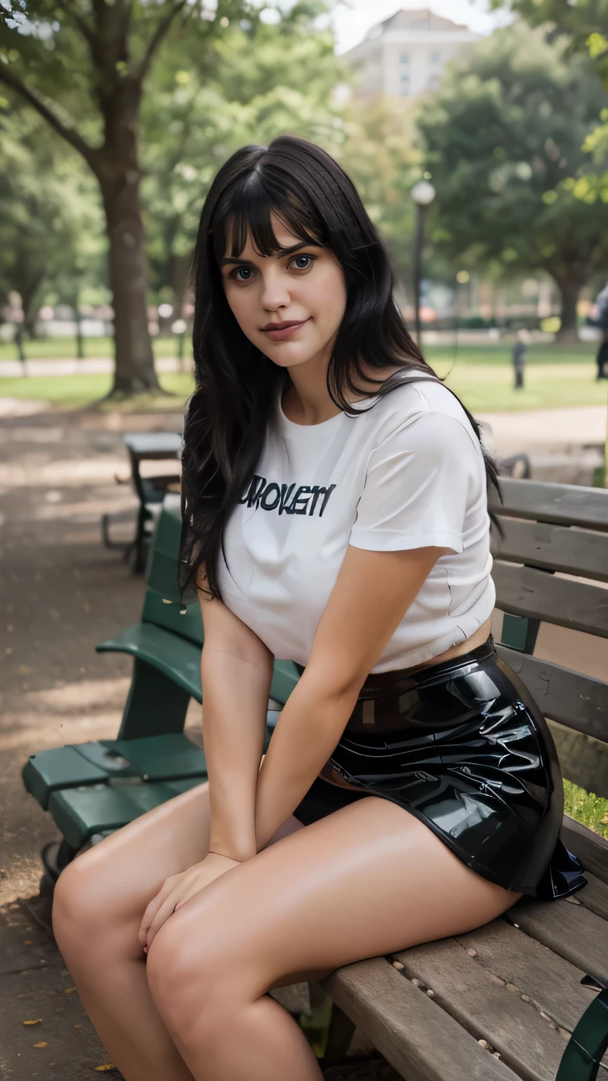 (full body shot) of A beautiful woman with long shiny black hair, choppy bangs, a delicate face, a cold proud gaze, (thick body:1.0), (thick arms:1.0), (thick legs:1.0), exposes her waist, she is wearing (longer black latex skirt), (white cloth t-shirt), legs, sit on bench in park, smile, whole body visible
