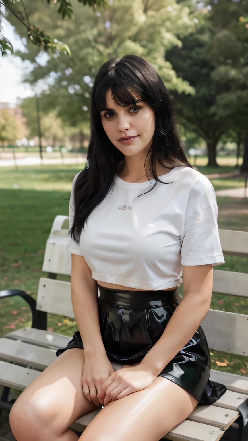 (full body shot) of A beautiful woman with long shiny black hair, choppy bangs, a delicate face, a cold proud gaze, (thick body:1.0), (thick arms:1.0), (thick legs:1.0), exposes her waist, she is wearing (70cm long black latex skirt), (white cloth t-shirt), legs, sit on bench in park, smile