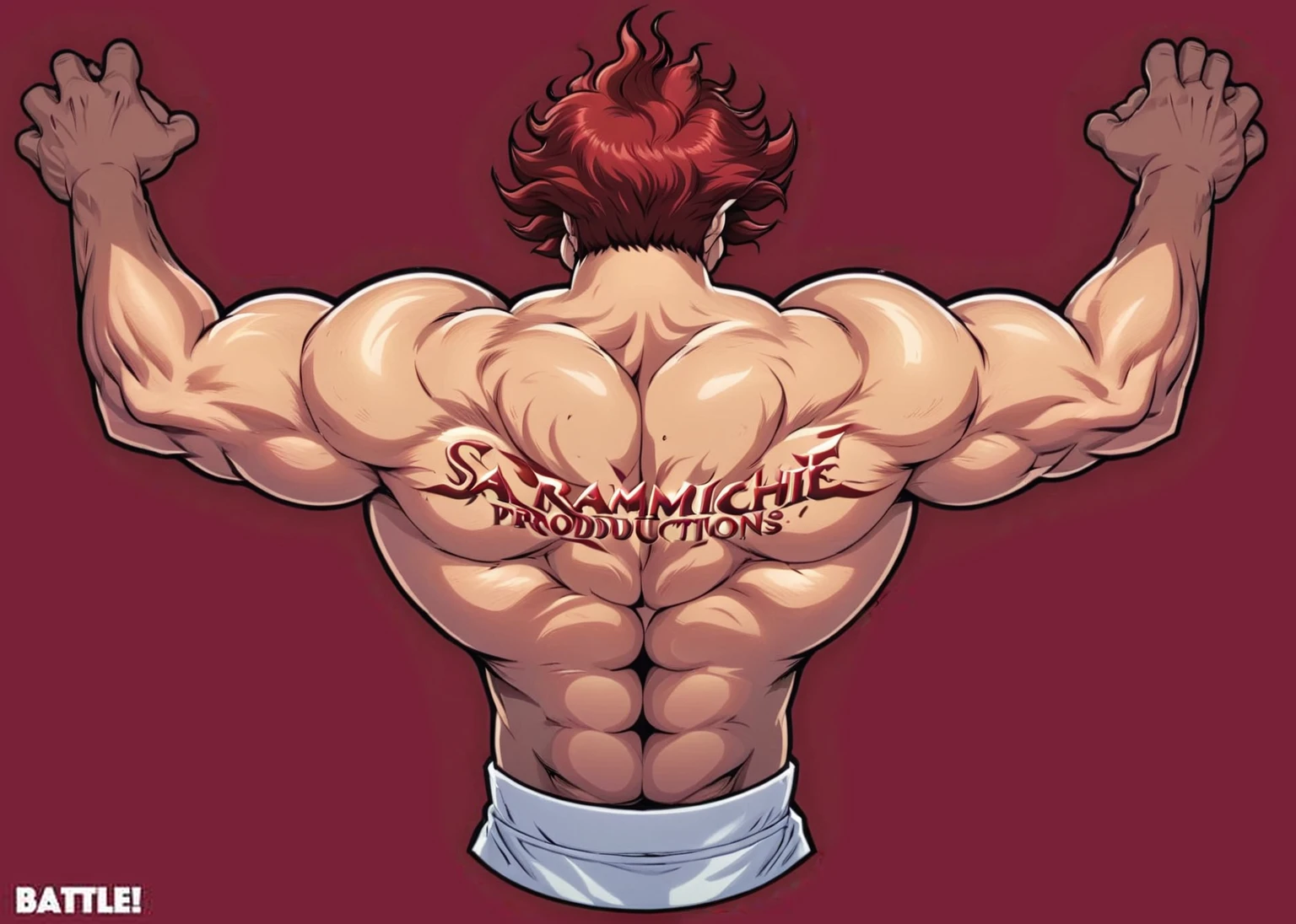 score_9, score_8_up, score_7_up, ("Saramambiche productions" text logo:1.5), YujiroHanma but his back is turned, shirtless, muscular male, red hair, manly, veins, upper body, back, graphic illustration, comic art, text logo, simple background 