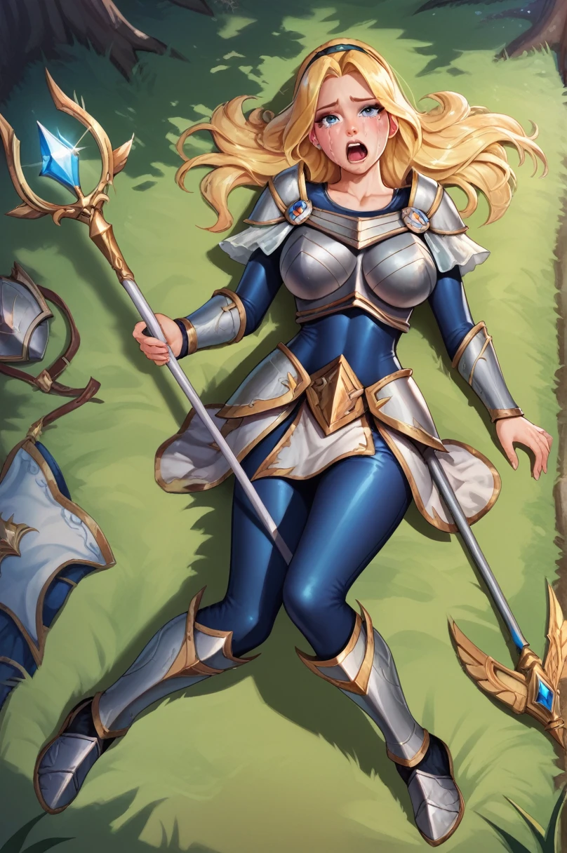 score_9, score_8_up, score_7_up, score_6_up, score_5_up, score_4_up, LuxLoLXL, blue eyes, blonde hair, long hair, hairband, big breasts, collarbone, shoulder armor, armor, blue bodysuit, breastplate, long sleeves, faulds, skirt, blue pants, armored boots, holding staff, solo, full body, looking at viewer, forest, tree ,asleep on the floor,lying down, fainted, lost look,crying, tears, motion effect,tempering, bruise on face, Screaming , screaming in pain,torn clothes in pussy,bite on the neck,penis penetrating, blood in pussy,defloration ,1boy, penis, lots of cum in pussy,blood in pussy, ((blood in the vagina)),arms above head, wrists restrained,legs open, 1boy penetrating lux with penis,blood in the vagina

