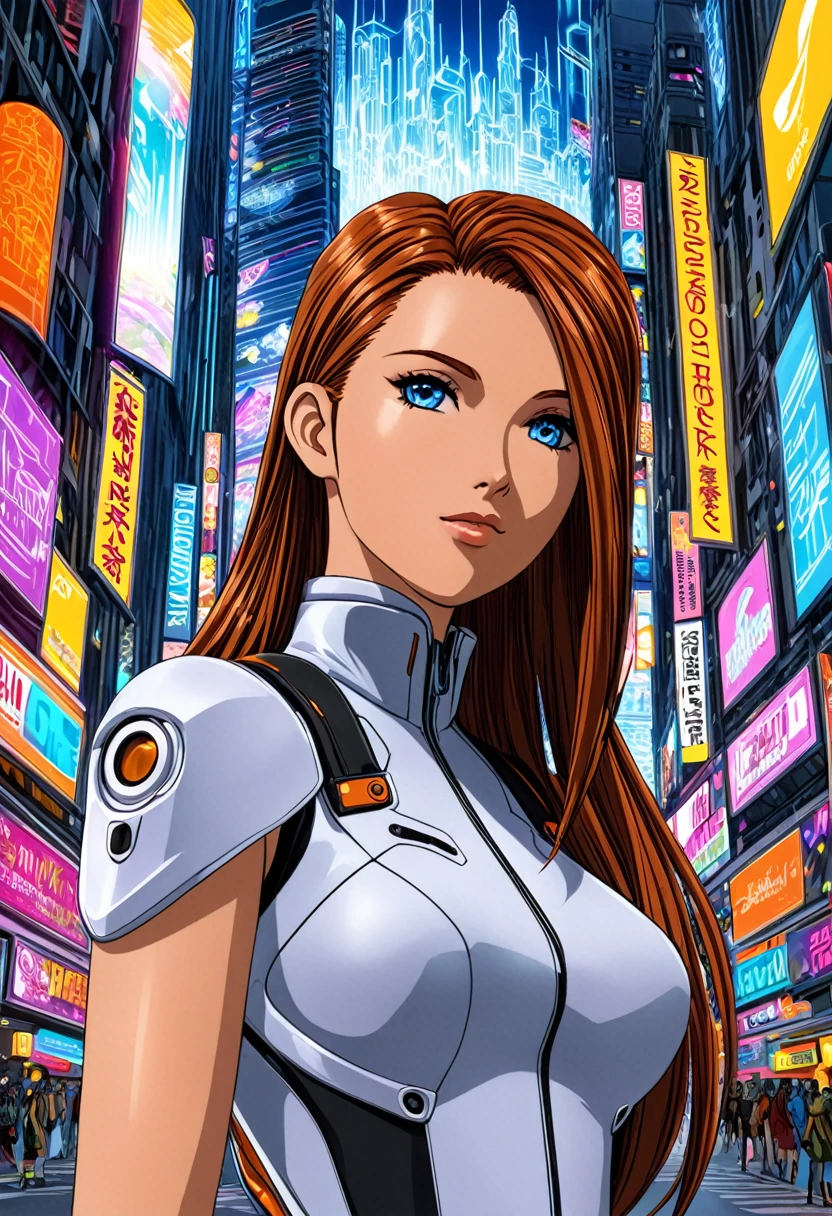 ""Create a detailed fantasy close-up artwork of a girl in a bustling, futuristic city. She should have sleek, stylish hair and wear a fashionable, high-tech outfit with intricate patterns. Her eyes should be large and expressive, reflecting the city's neon lights. In the background, hints of towering skyscrapers, holographic advertisements, and busy streets should be visible. The overall atmosphere should be dynamic and vibrant, with a blend of modern and fantastical elements, capturing the essence of a futuristic urban fantasy."