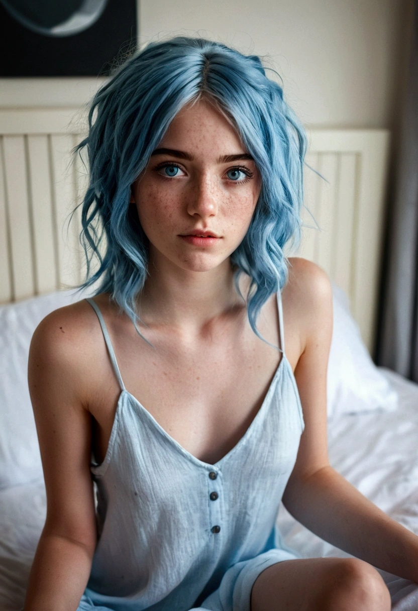 blue haired girl, 20 year old woman, intenste realistic light blue eyes, light freckles, high contrast eyes, slim, sitting on bed wearing a linen nightdress , sexy hot, xxxx