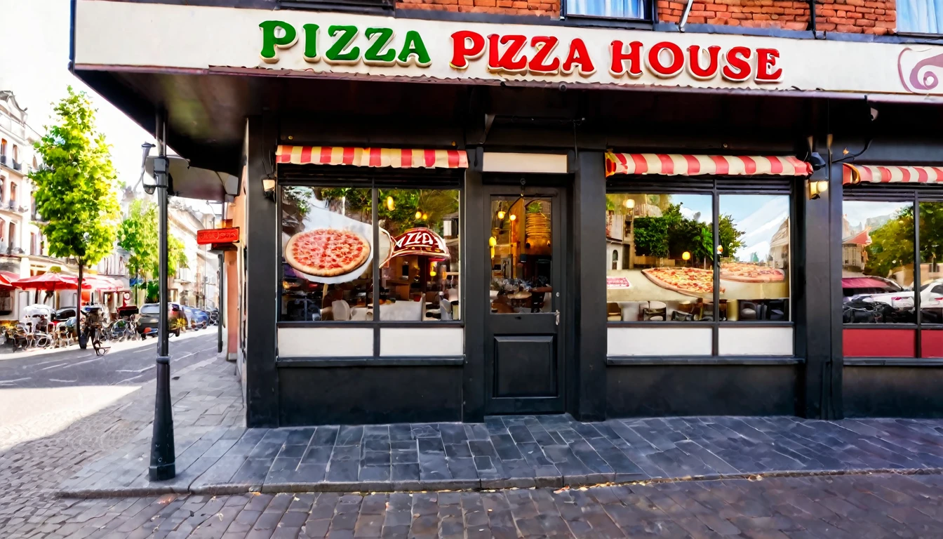 first person view, pizza house facade, daytime, no people in the place