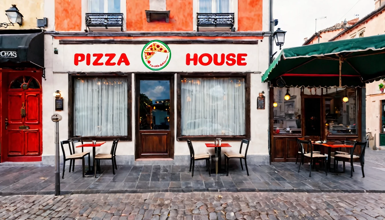 first person view, pizza house facade, daytime, no people in the place