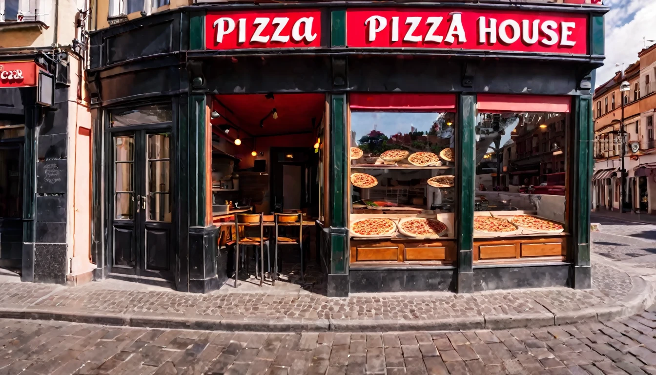 first person view, pizza house facade, daytime, no people in the place