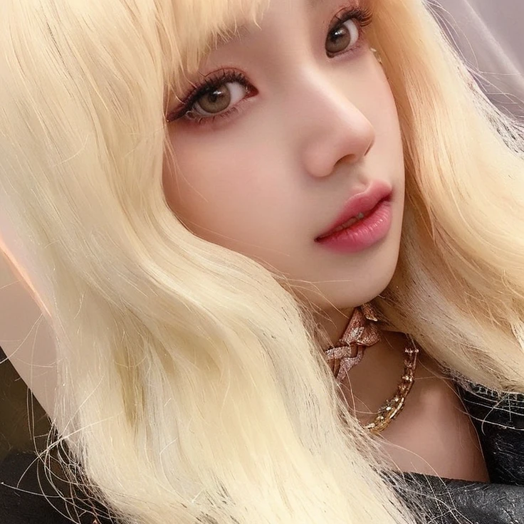 Close-up of a woman with long blonde hair, Lisa de blackpink, Retrato de Lisa de blackpink, Jennie the Blackpink, wongyoung de ive, Nariz de Lisa de blackpink, labios de Lisa de blackpink, South Korean popular makeup, wongyoung de ive, Retrato Lisa de blackpink, pastel pink skin tone, Lisa de blackpink, blackpink jennie popular korean makeup.