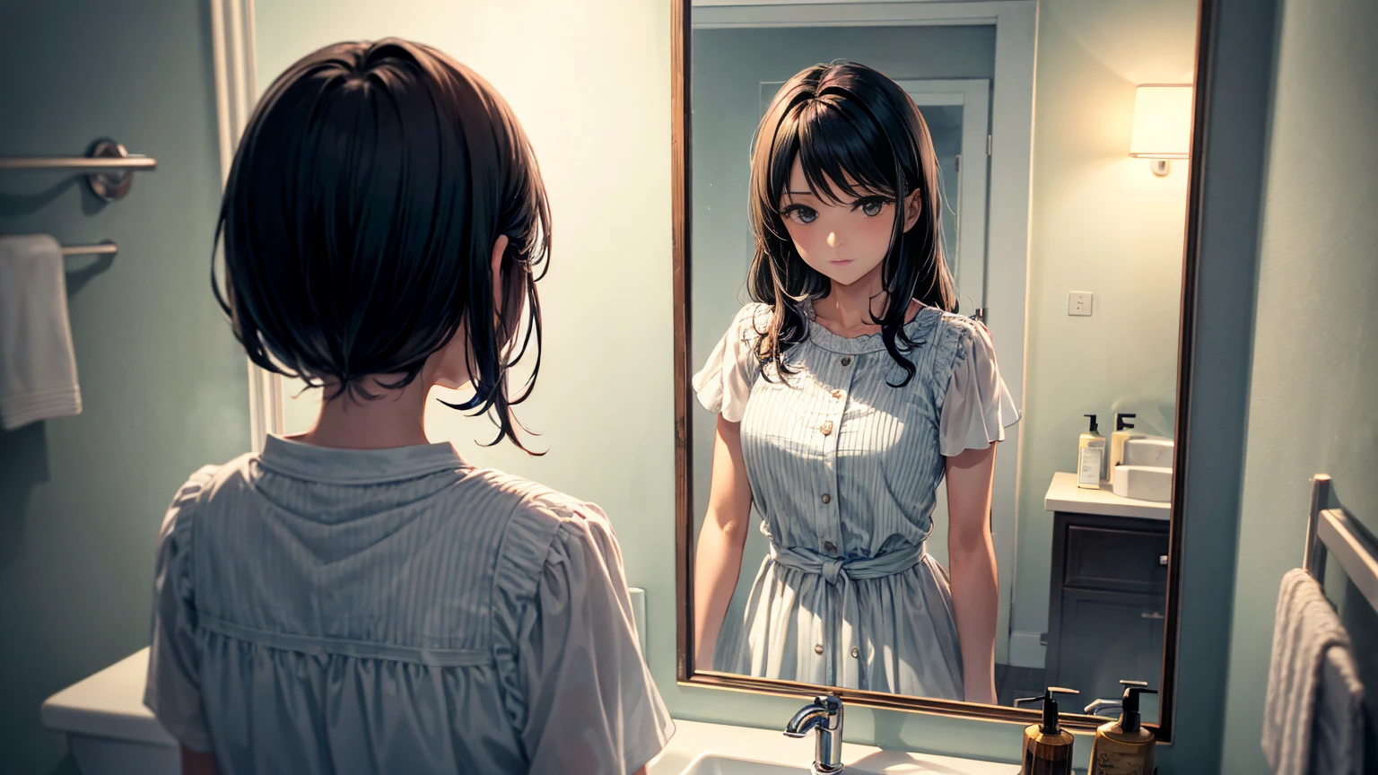 Depict a scene of a beautiful woman, Misaki, standing in front of a bathroom mirror. Misaki is wearing a light, sheer dress that symbolizes her solitude. Her expression is contemplative as she gazes at her reflection in the mirror. The background is a simple, modern bathroom with soft morning light filtering in and a hint of steam in the air. The mirror faintly reflects an urban landscape.