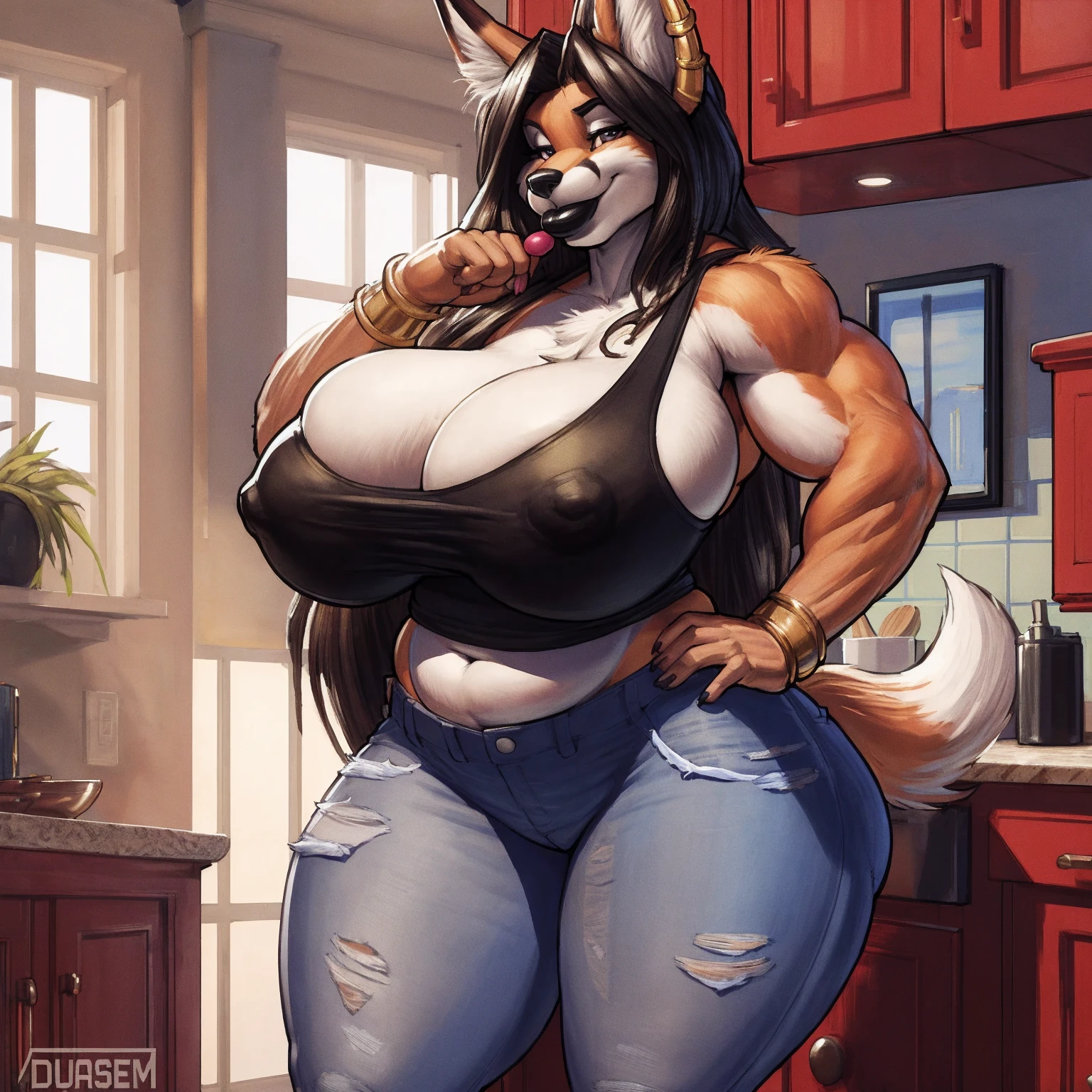 by darkgem, by duase, by gideon, by bng, soft figure, curvy, chubby, bbw, heavy, fox, female, milf, older woman, furry body, wide body, powerful, muscular, wide hips, thick thighs, big arms, (huge breasts:1.1), heavy breasts, nipple outline, highly detailed eyes, dark hair, long hair, milf, (big lips), black lipstick, tank top, bare midriff, cleavage, large areolae, (low jeans:1.4), bare midriff, visible thong straps, Masterpiece, best quality, absurd res, anthro only, kitchen environment, motherly smile, standing upright,