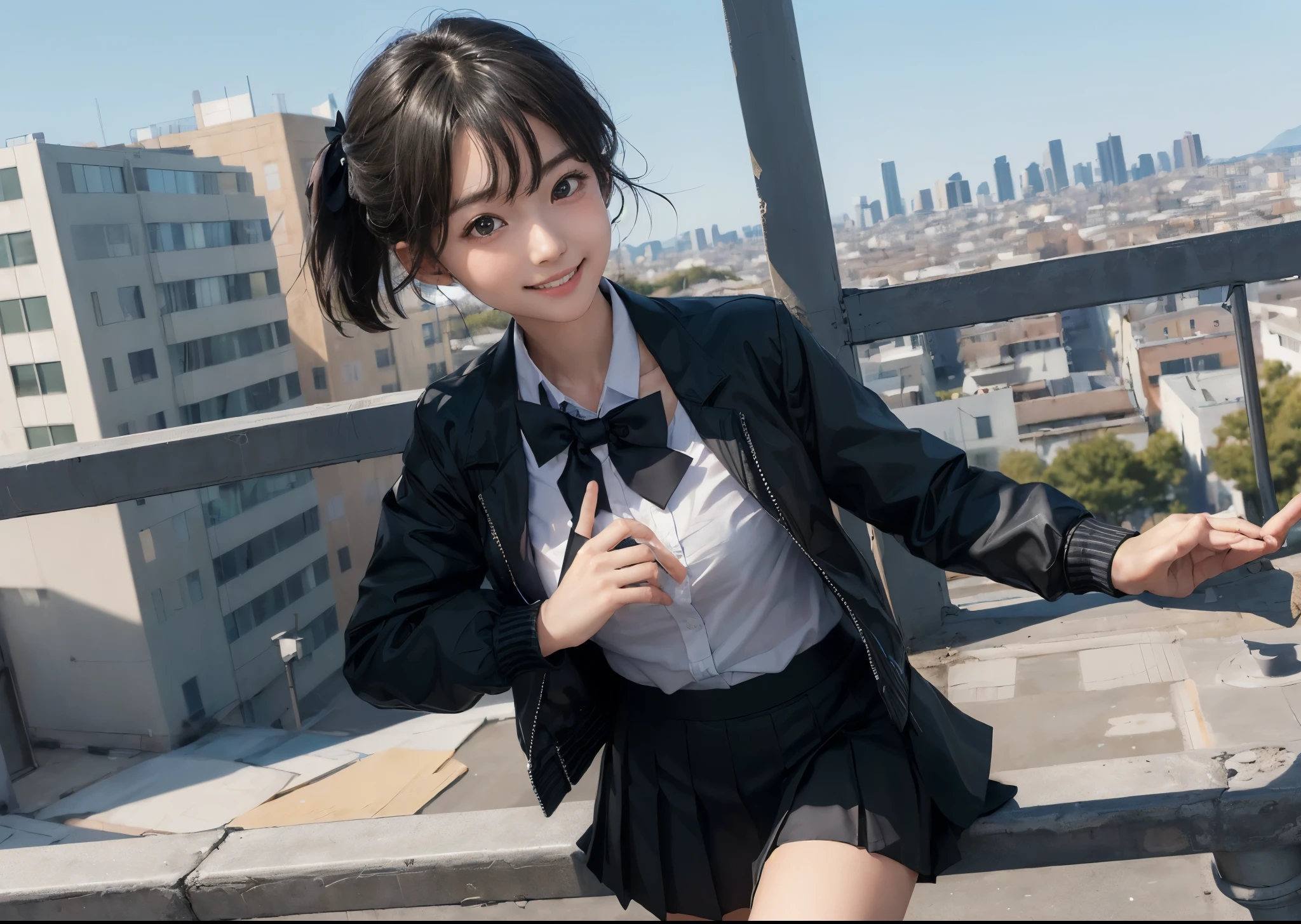 (masterpiece, best quality,extreme detAIled beautiful Eye), Optimal lighting, Perfect lighting,Look at the audience, (1 girl, Solitary,sky, City:1.3),NanasakiAI,Nanasaki_AI,
(whole body,Dynamic Angle,Dynamic poses,Smile,shining_Eye:1.2),(long_sleeve,Black_jacket,jacket,School_,Gibito_High target_School_:1.2),
(short_hAIr,Large target_breast,clavicle:1.2),Black_bow tie,Black_skirt,Wrinkles_skirt,White_shirt