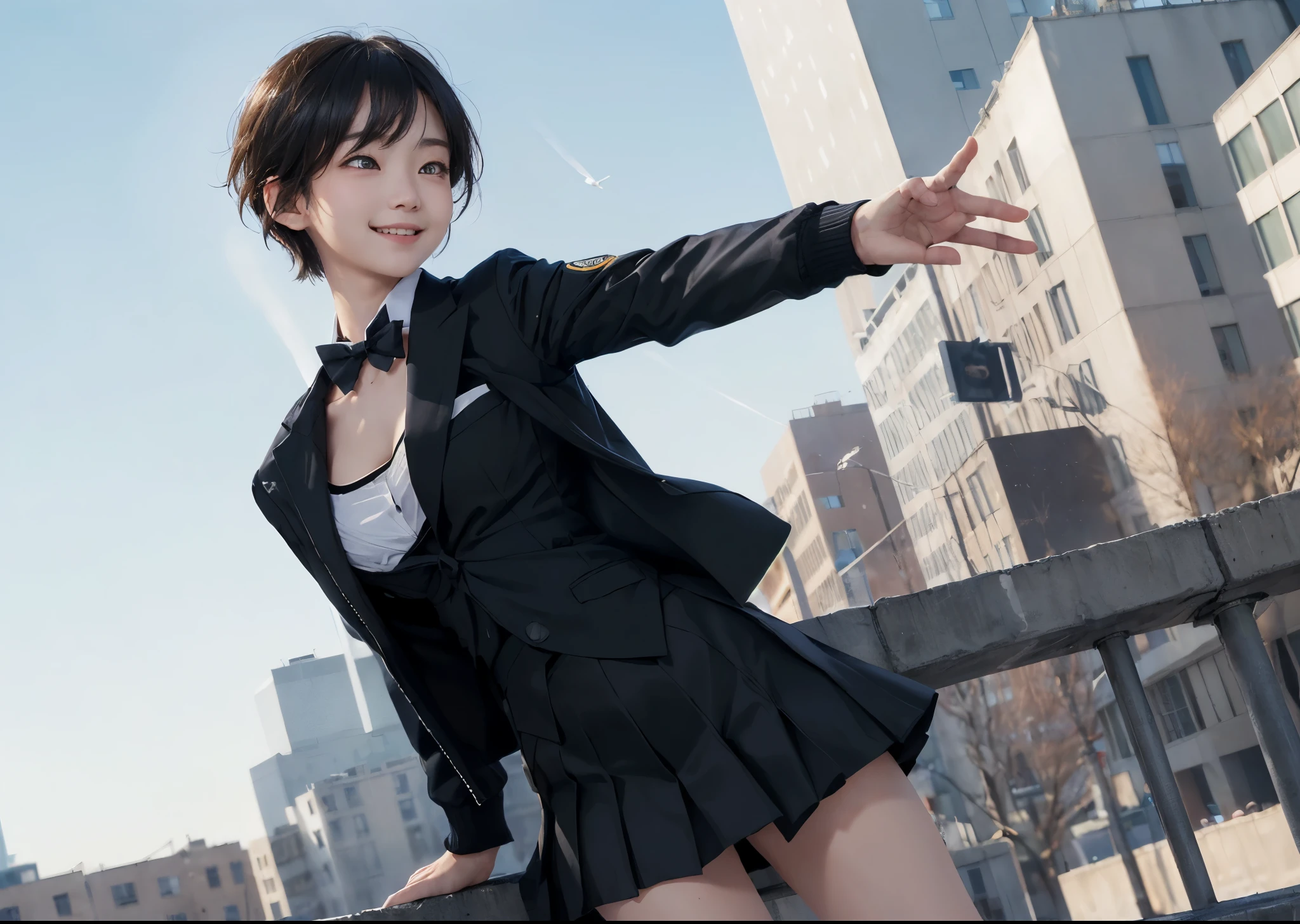(masterpiece, best quality,extreme detAIled beautiful Eye), Optimal lighting, Perfect lighting,Look at the audience, (1 girl, Solitary,sky, City:1.3),sakiAI,Nana_AI,
(whole body,Dynamic Angle,Dynamic poses,Smile,shining_Eye:1.2),(long_sleeve,Black_jacket,jacket,School_,Gibito_High target_School_:1.2),
(short_hAIr,Large target_breast,ce:1.2),Black_bow tie,Black_skirt,Wrinkles_skirt,White_shirt