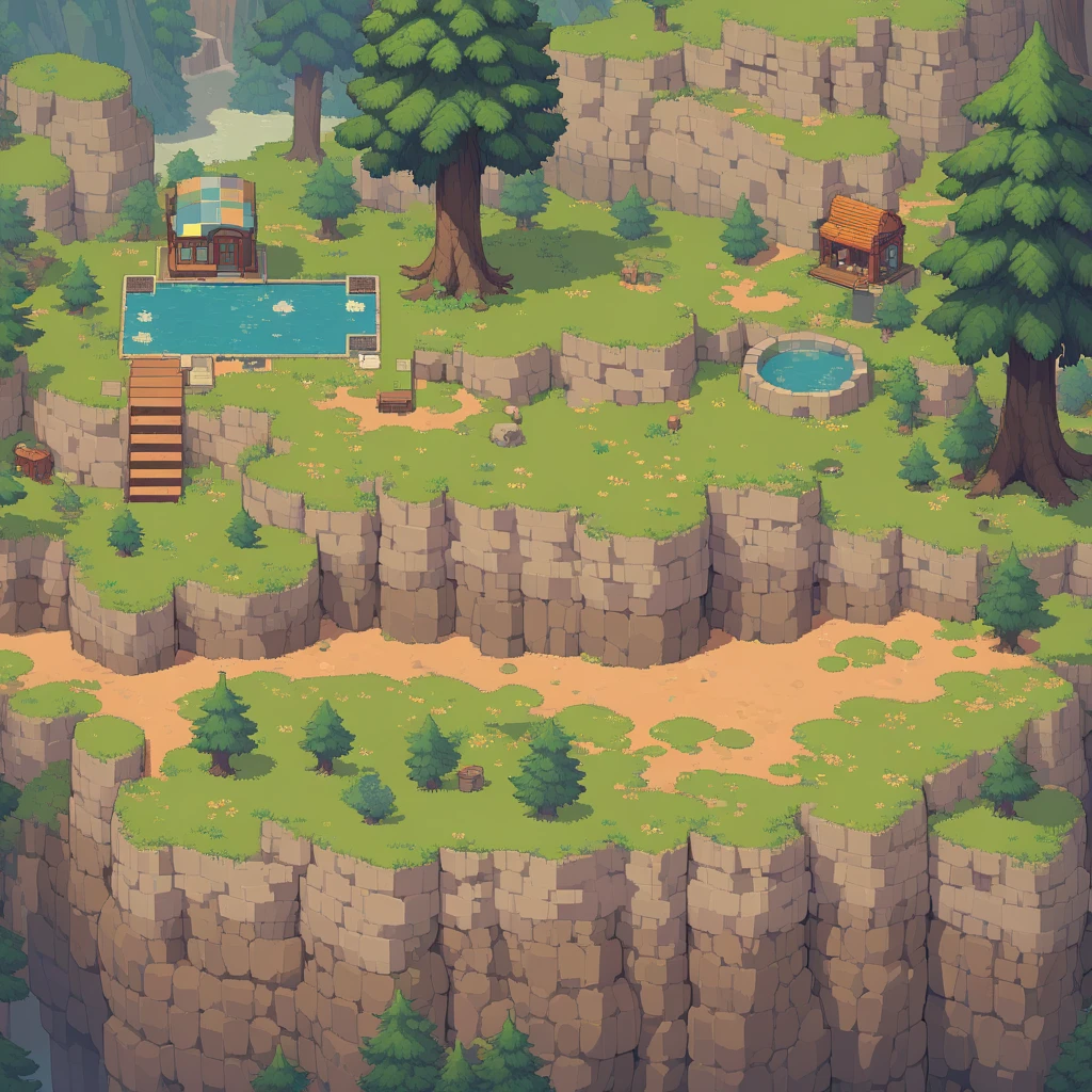 retro video game style,pixelated, vibrant pastel colors,8-bit characters,blocky shapes,sharp lines,detailed shading,classic gaming vibe,nostalgic atmosphere,classic arcade games,masterpiece:1.2,ultra-detailed,illustration style, 2d texture, stone texture, 4 k seamless mud texture, video game texture, dirt texture, tileset, game tiles, grass, 3/4th perspective trees, 3/4th perspective tileable rock texture, 3/4th perspective tileable cliff formations, tileable trees, topdown view, game texture, game art, tileable texture, very detailed cliff texture, intricate stones, top down view, 3/4th perspective