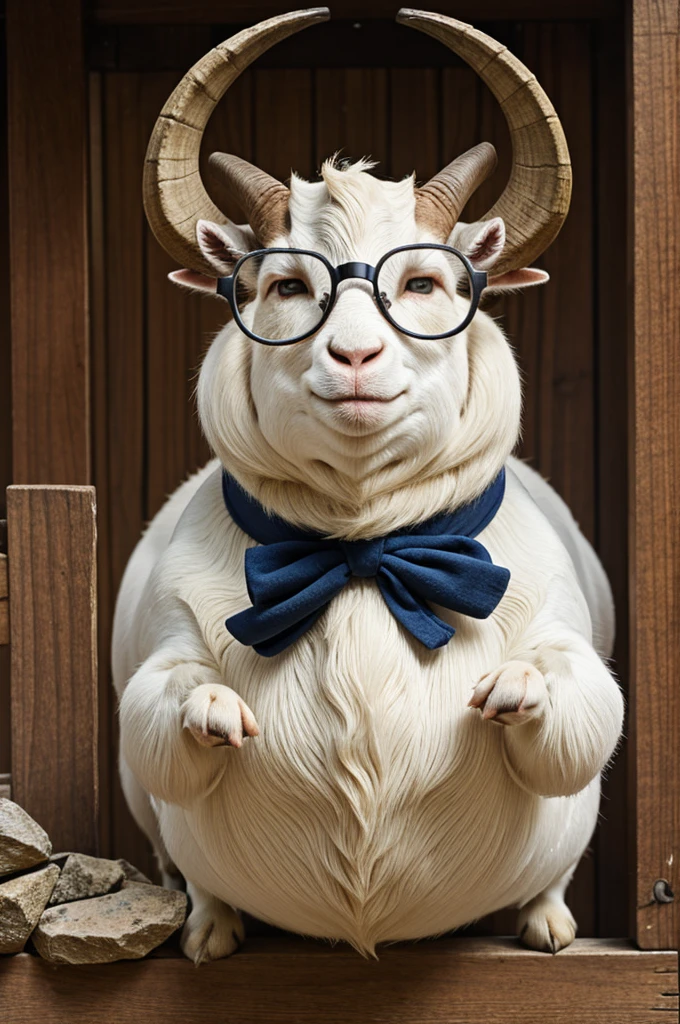 Fat goat with thick glasses