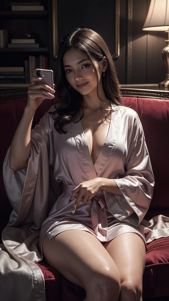 looking at the phone, woman, ((looking at the phone in the hand:1.5)), sitting at the sofa, looking at the phone, smile, wearing silk robe, dark romantic atmosphere