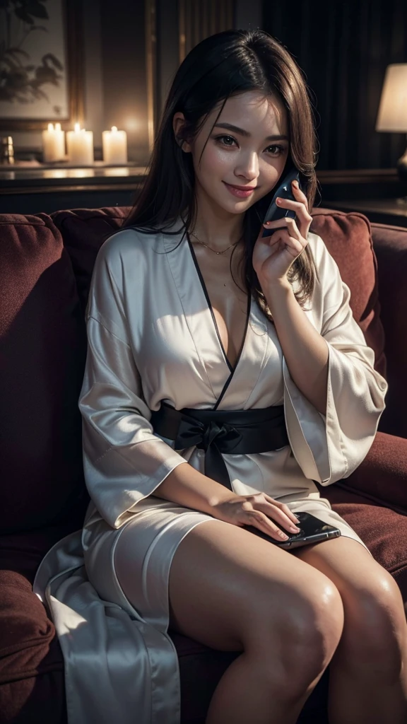 looking at the phone, woman, ((looking at the phone in the hand:1.5)), sitting at the sofa, looking at the phone, smile, wearing silk robe, dark romantic atmosphere