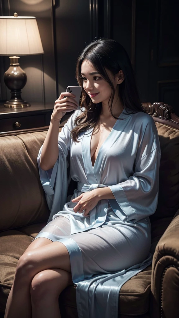 looking at the phone, woman, ((looking at the phone in the hand:1.5)), sitting at the sofa, looking at the phone, smile, wearing silk robe, dark romantic atmosphere