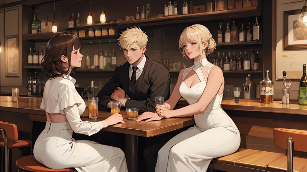 ((best quality)), ((work of art)), ((detailed)), man with short white hair, sitting at a bar table, with two women wearing white dresses, one woman with brown hair and bangs, and another woman with blonde hair.