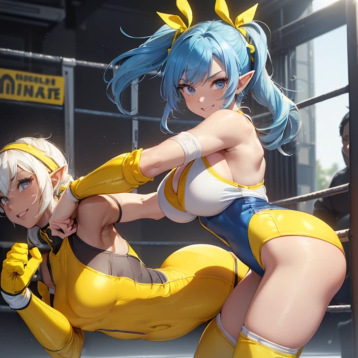 (Absurdres, best high quality, best detailed with gigh quality and very detailed features and textures alone solo character)
{{(20 years old blue-cobalt-blue-haired elf girl wrestler: (pale skin, hair tied in two pigtails, heterochromatic eyes, very thin lips, nice body, big breasts, beautiful arms, beautiful legs, big butt, happy face, open smile, lovely, cheerful adventurer, happy, shaking her booty), (yellow and white one-piece wrestling leotard, yellow wrestler knee-pads, yellow wrestler elbow-pads, white wrestling boots), (afternoon day, wrestling gym)}}