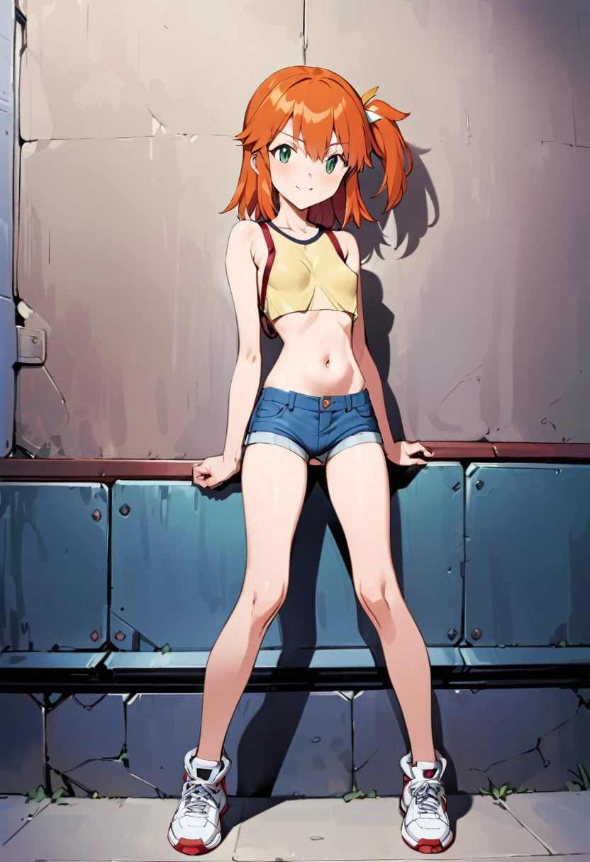 ((masterpiece,High resolution,Highest quality,8K,Detailed faces and anatomy))
(Misty_Pokemon)(One 18-year-old woman)
(Berry Short,Orange Hair,one side up hair,Big green eyes,Small breasts,Skinny)
(Yellow sleeveless T-shirt,Belly button exposed,Denim hot pants,Red suspenders,sneakers)
Grin